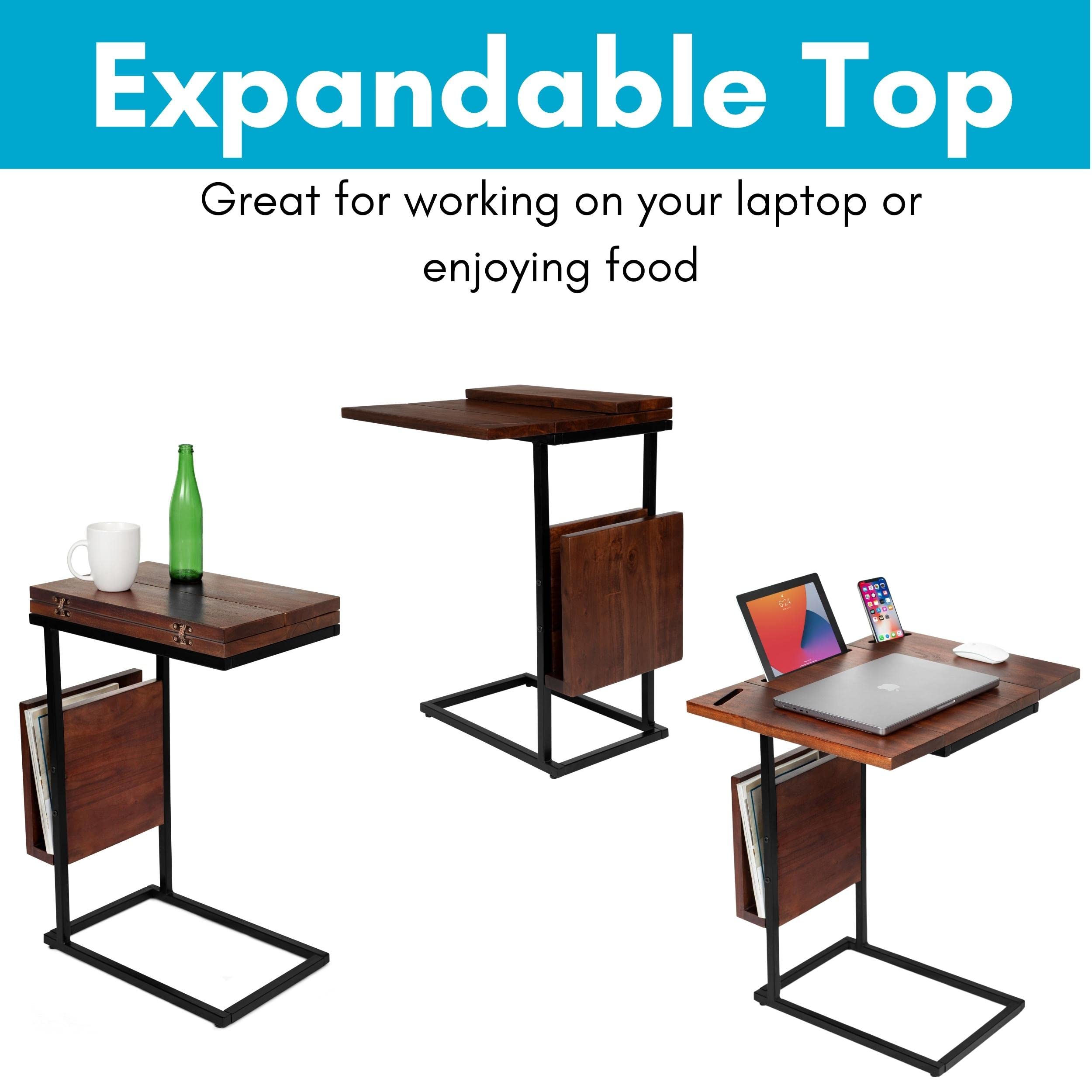 BIRDROCK HOME Acacia Wood Expandable C-Shaped Side Table with Phone & Tablet Holder - Laptop TV Tray Desk for Couch, Bed & Sofa - Snack End Table for Living Room & Office - Perfect for Reading, Working & Relaxing