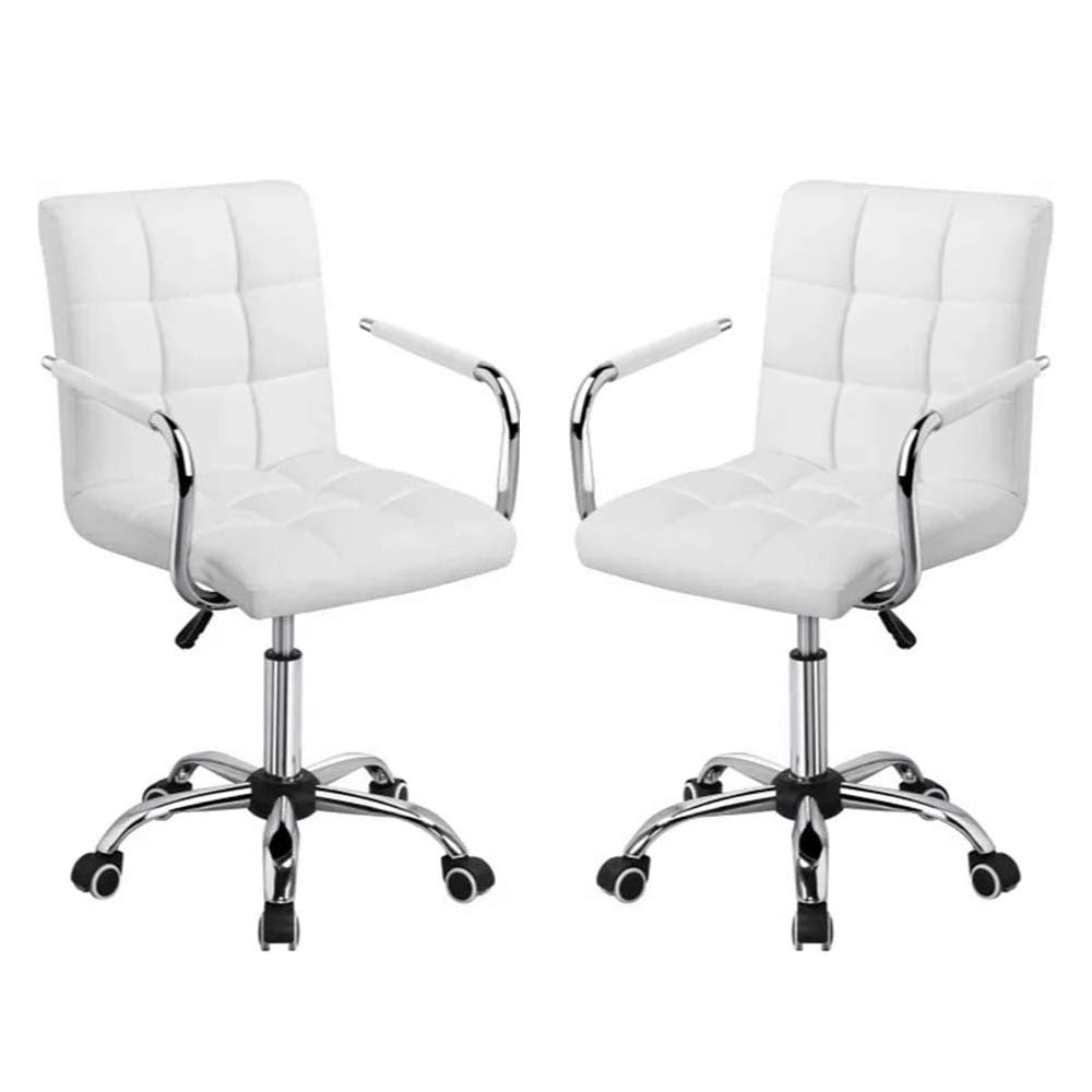 Modern PU Leather Mid-Back Office Chair with Wheels & Armrests - Adjustable Ribbed Computer Desk Chair for Home, Kitchen, Bar or Executive Workspace (White) - Perfect for Remote Work, Gaming & Study Sessions