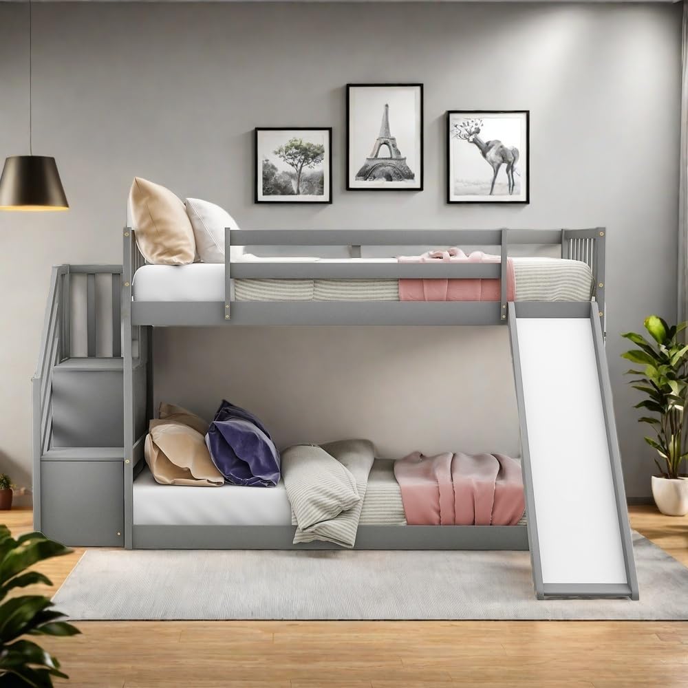 SOFTSEA Twin Over Twin Low Bunk Bed with Stairs and Slide - Kids & Teens Space-Saving Bedroom Furniture for Small Rooms, Dorms, and Sleepovers - Sturdy Wooden Loft Bed with Safety Rails