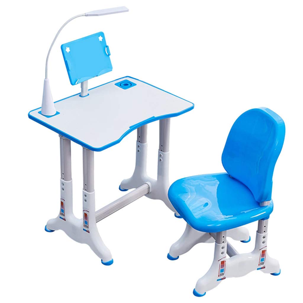 Selomore Adjustable Height Kids Study Desk and Chair Set with LED Light, Pull-Out Drawer Storage & Bookshelf - Blue | Ergonomic Children's Writing Table for Homework, Reading & Online Learning