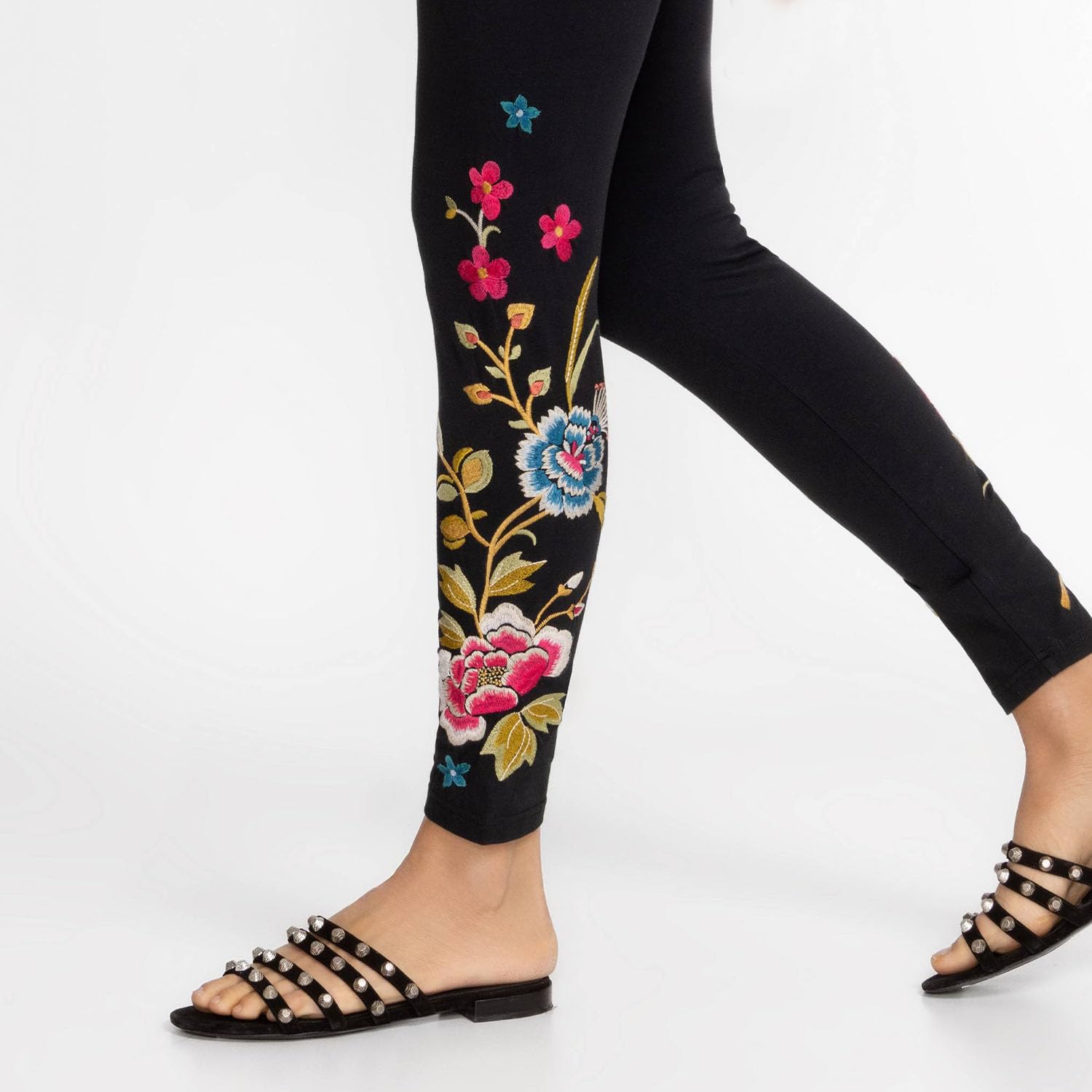 Johnny Was Celina Embroidered Cotton Leggings - Black Floral Print Women's Pants, Small | Boho Chic Yoga Pants for Women, Casual Wear & Lounge