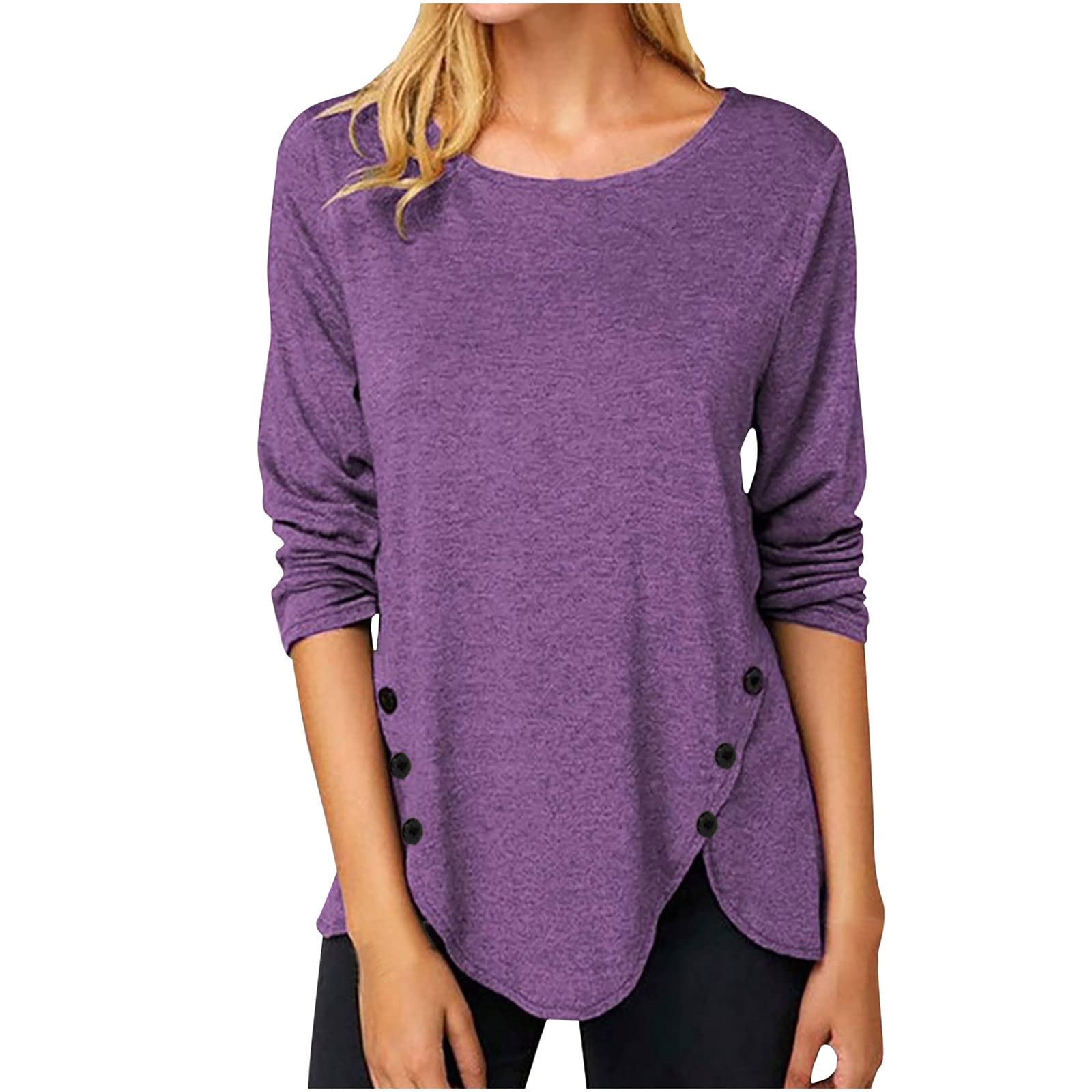 Women's Long Sleeve Loose Tunic Blouse - Casual Round Neck Top for Work & Outings