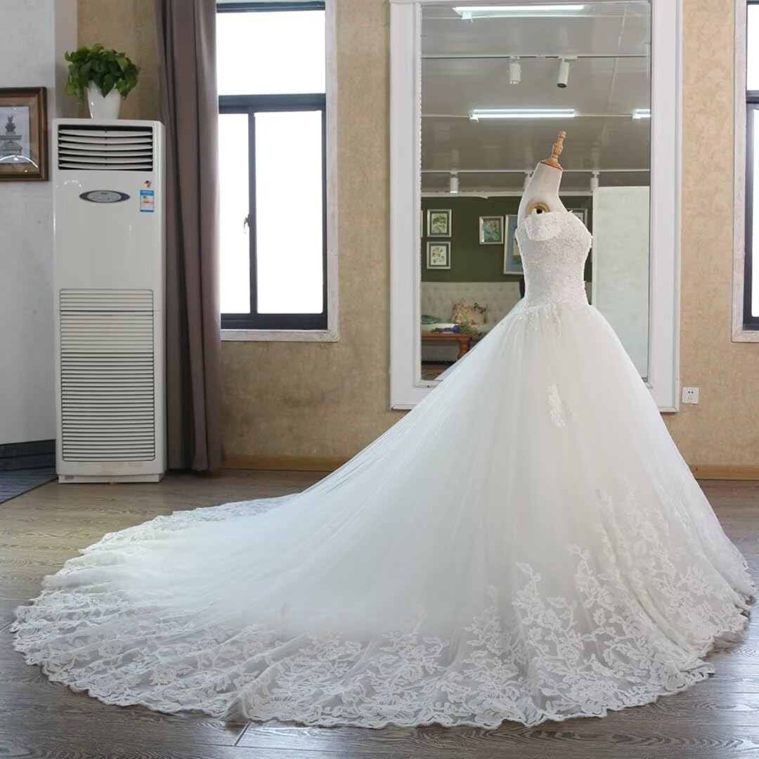Elegant Off-Shoulder Princess Wedding Ball Gown with Lace Beaded Train - Puffy Tulle Bridal Dress for Bride | Perfect for Church Ceremonies, Beach Weddings & Formal Receptions
