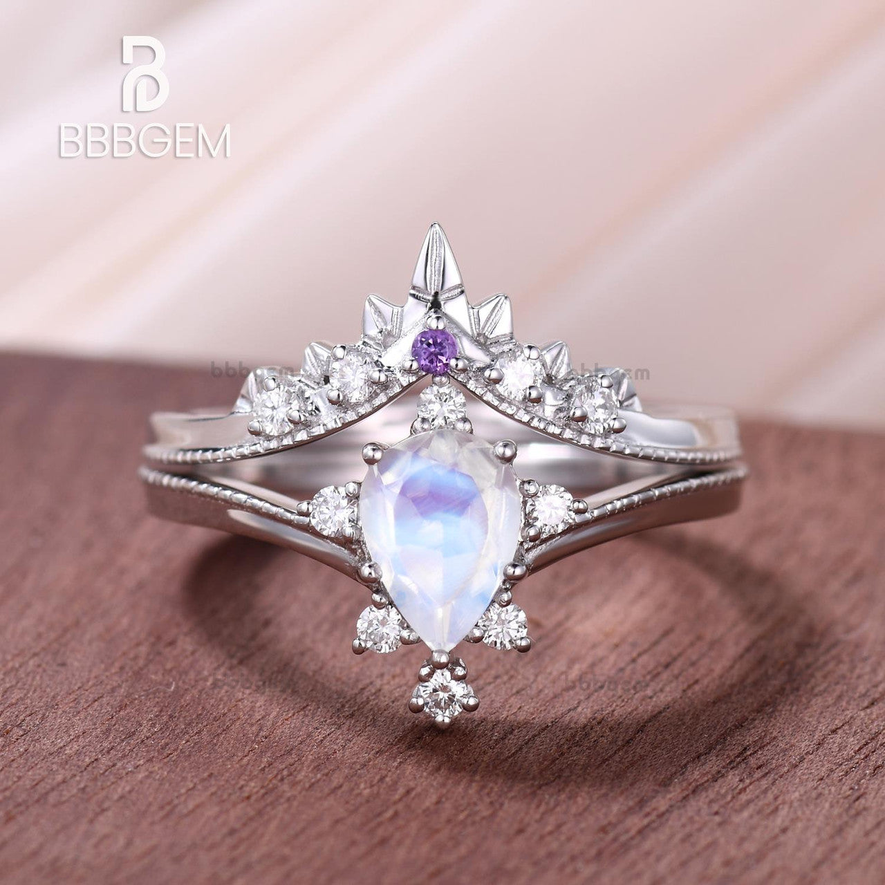 14K/18K Rose Gold Rainbow Moonstone Bridal Set with Diamond & Amethyst - Art Deco Engagement Ring & Wedding Band for Women - Perfect for Proposals, Anniversaries, and Special Occasions
