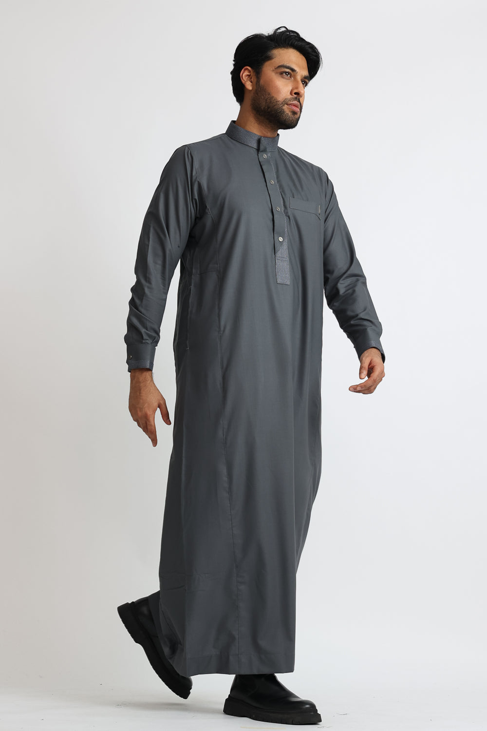 J104 Carbon Grey Textured Curve Thobe for Men - Premium Islamic Prayer Robe with Comfortable Design - Perfect for Salah, Eid, Mosque & Special Occasions