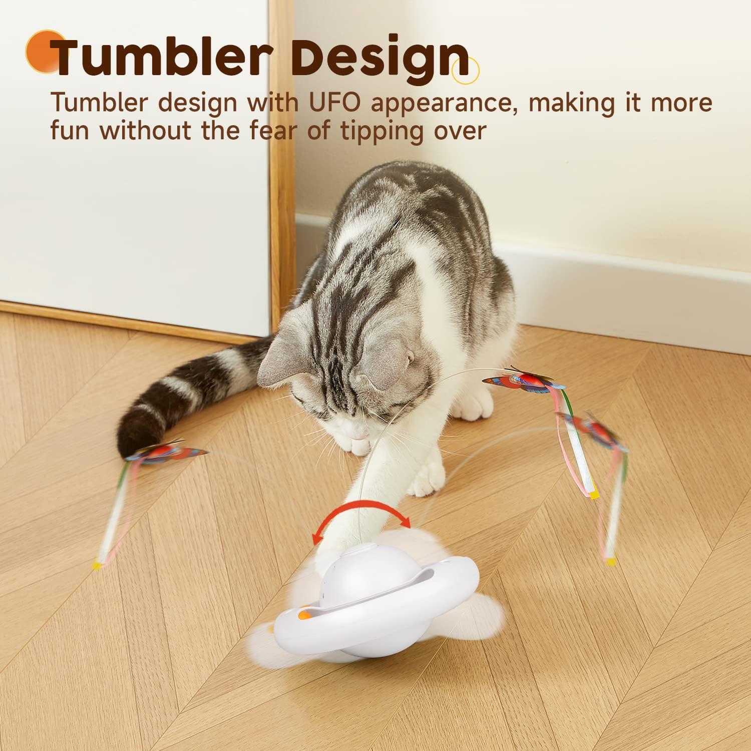 Potaroma Electric Fluttering Butterfly Cat Toy - Smart Interactive Electronic Kitten Toy with Bell Track Balls for Indoor Exercise & Play - Requires 3 AA Batteries (Bright White) - Perfect for Stimulating Playtime & Keeping Cats Active
