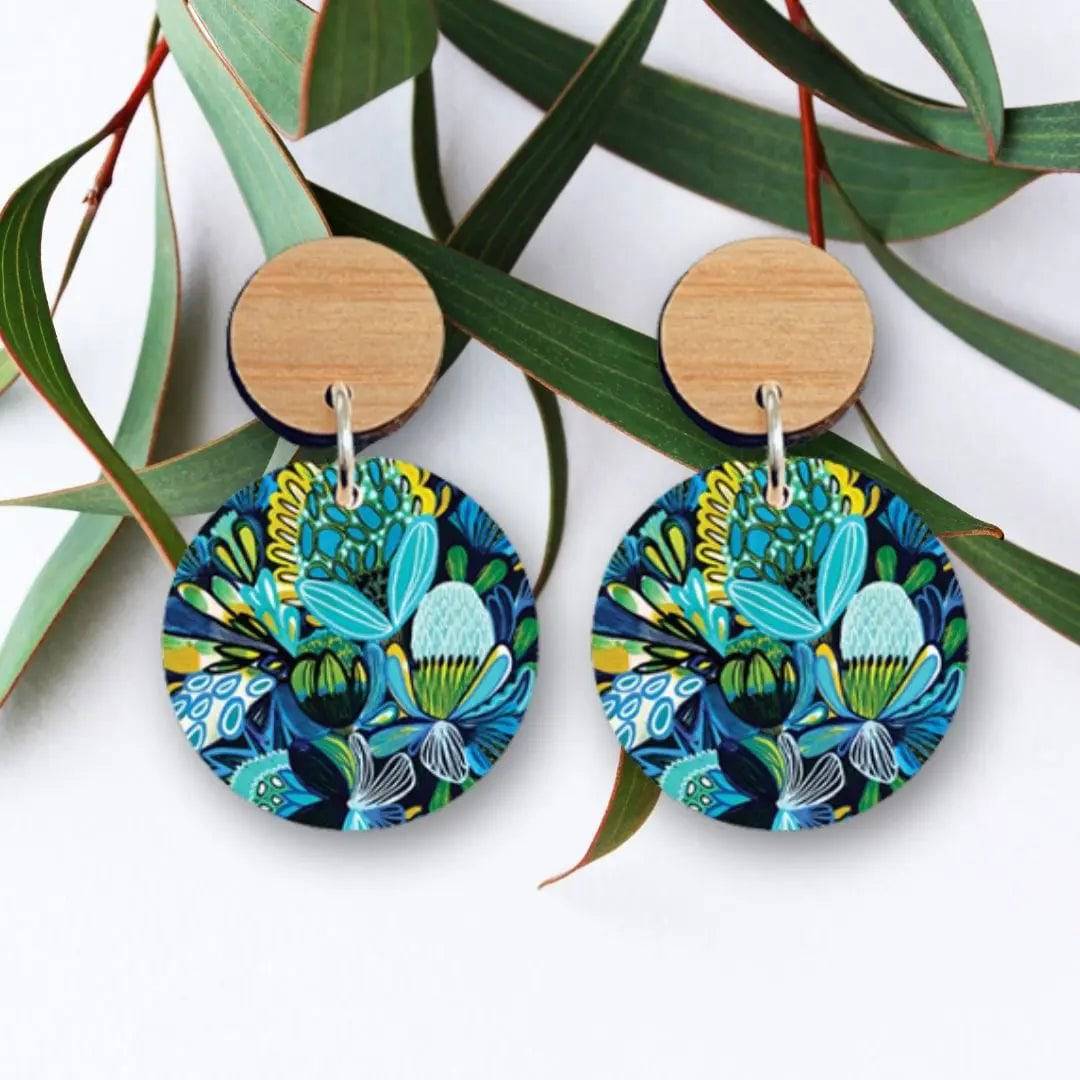 Handmade Azure Native Flowers Wooden Earrings for Women - Boho Chic Dangle Earrings for Casual Wear & Festivals