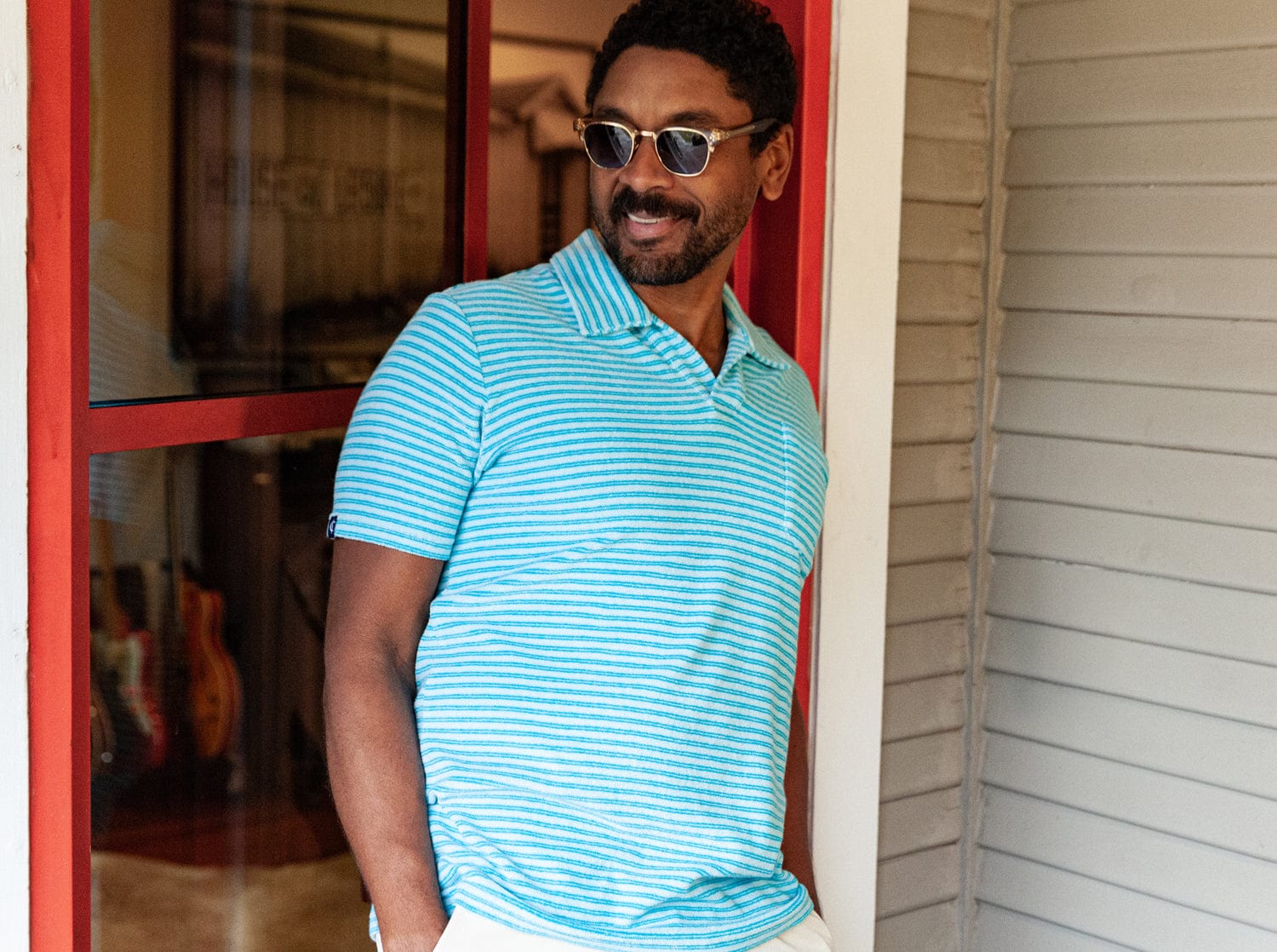 Men's Terrycloth Polo Shirt - Dean Stripe Aqua - Breathable & Comfortable for Golf, Casual Wear & Summer Outfits