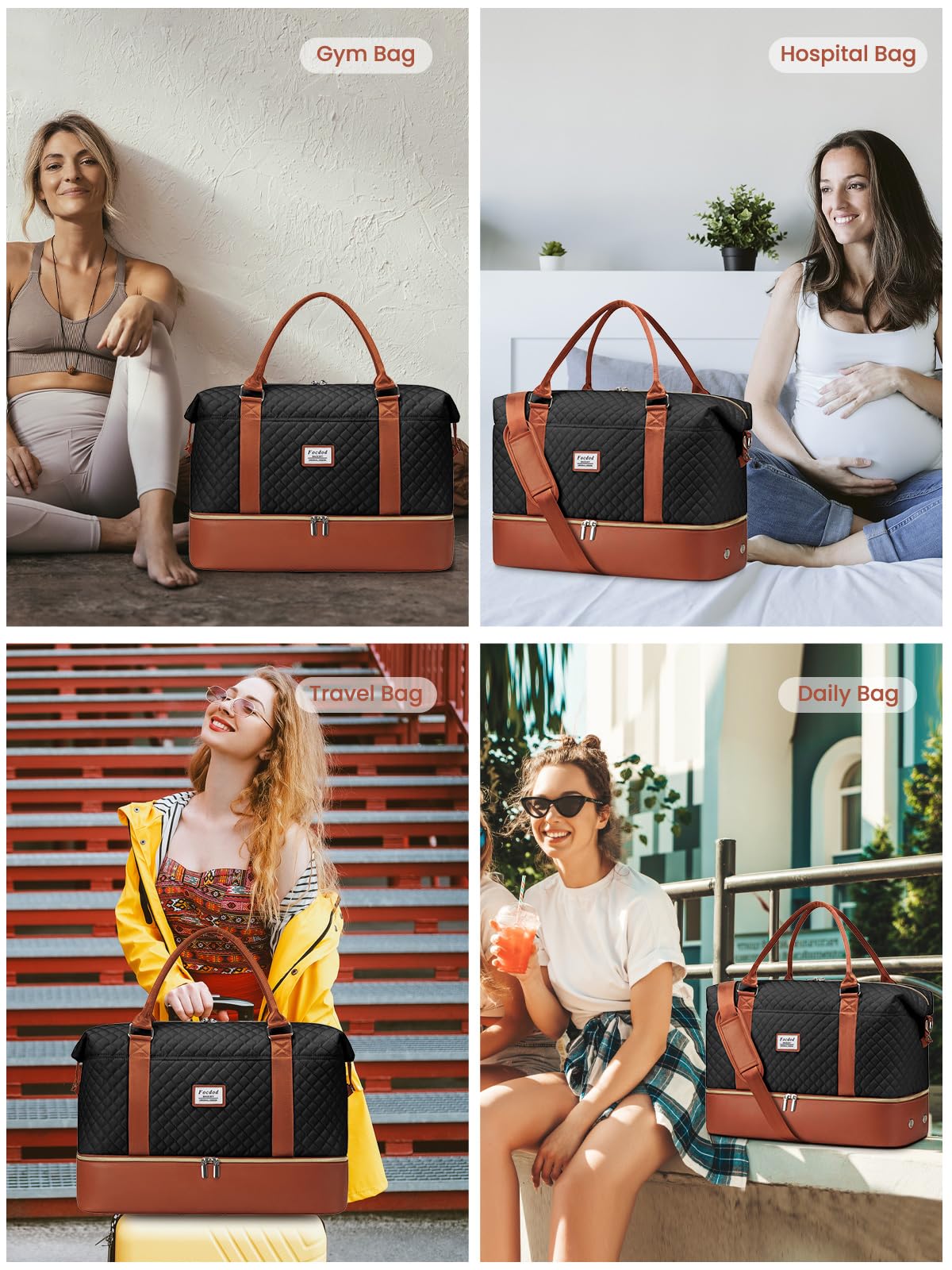 Women's Travel Weekender Duffle Bag with Shoe Compartment & Wet Pocket - Large Carry-On Overnight Bag with Toiletry Organizer - Perfect for Weekend Getaways, Hospital Visits, and Labor Delivery (Black/Brown)