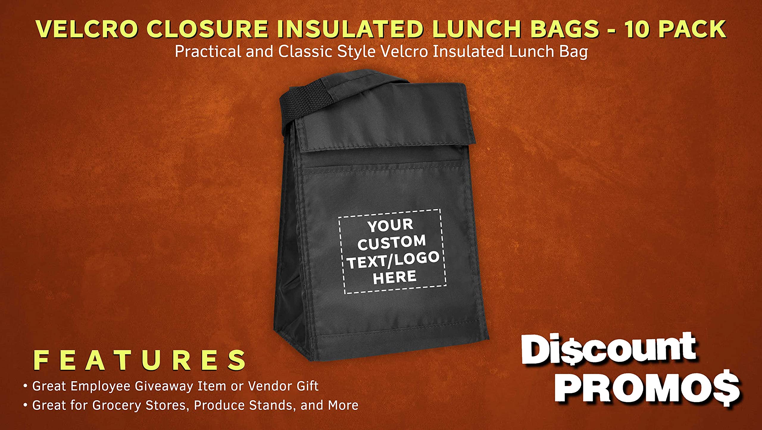 10 Pack Insulated Lunch Bags with Hook & Loop Closure - Customizable Text & Logo - Durable Polyester Reusable Lunch Box for Work, School & Picnic - Vibrant Black Thermal Food Carrier