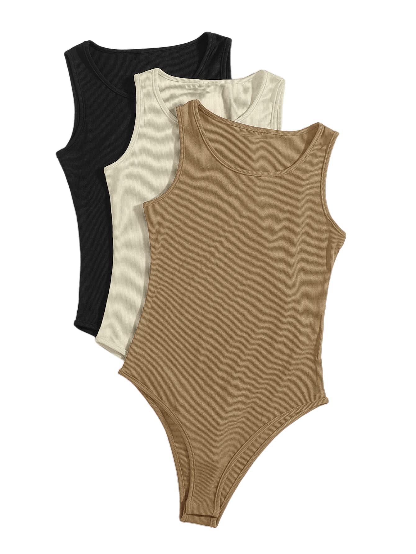 SheIn Women's Casual 3-Piece Bodysuit Set - Solid Color Crew Neck & Tank Top Bodysuits for Everyday Wear, Layering, and Comfortable Outfits