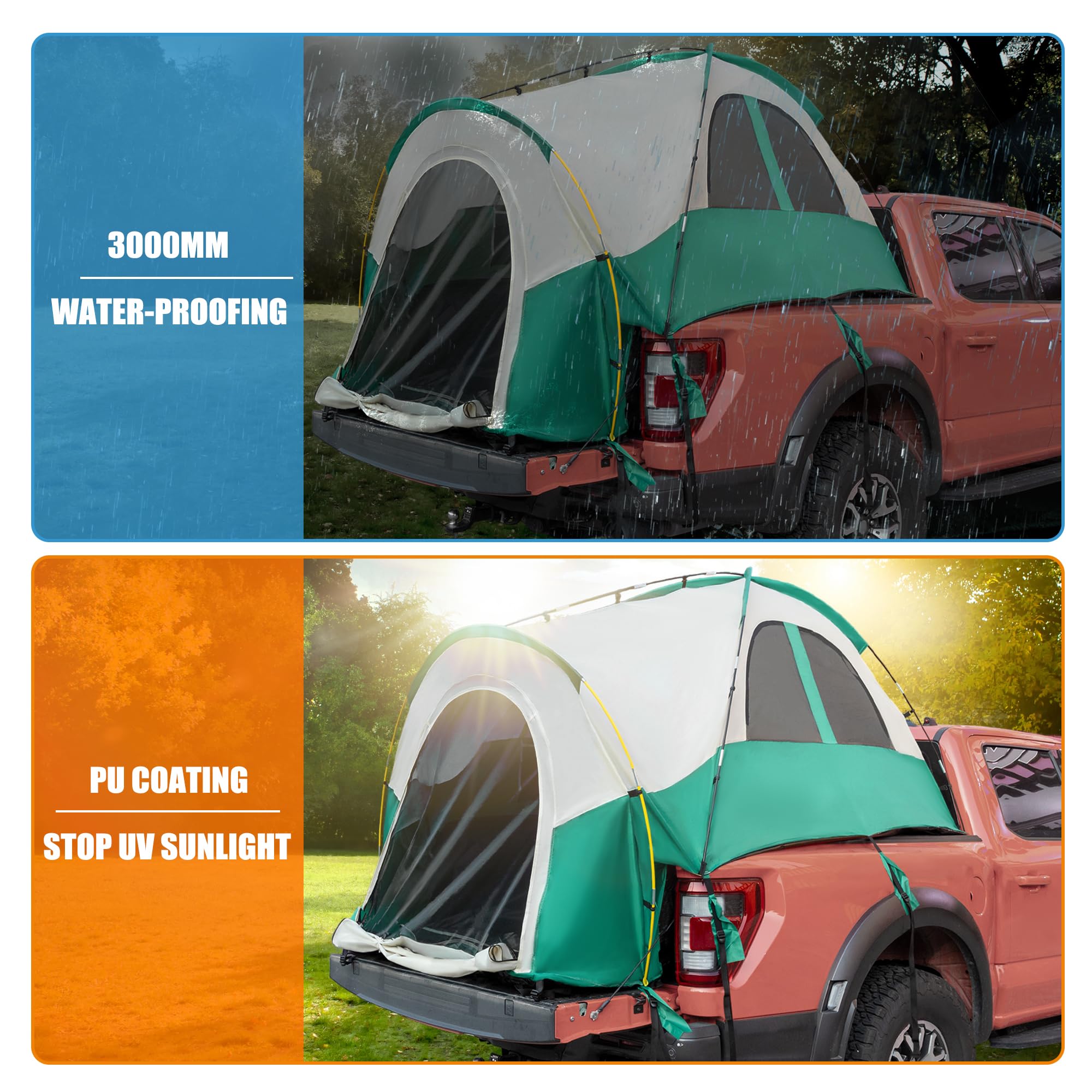 Waterproof PU2000mm Double Layer Truck Bed Tent for 6.4-6.7 FT Pickup Trucks - Portable Camping Tent with Carry Bag (Beige Green) - Perfect for Outdoor Adventures, Road Trips & Off-Grid Camping