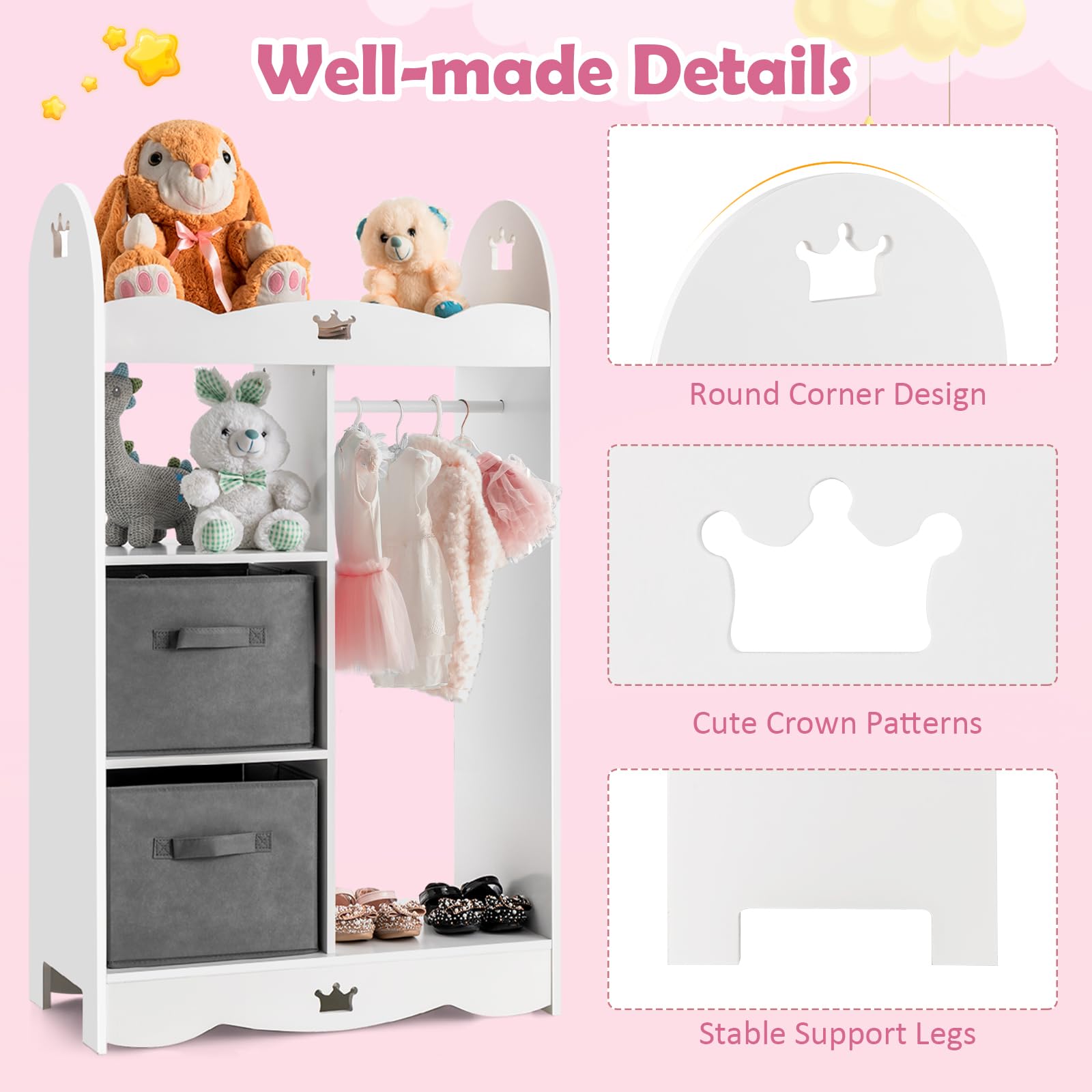 KOTEK Kids Wooden Dress Up Storage Armoire with Mirror, Hanging Rod & 2 Storage Bins - Anti-Tip Toddler Wardrobe Closet for Ages 3-7 | Perfect for Bedroom, Playroom & Kids Room Organization | Great for Pretend Play, Costume Storage & Daily Outfit Selection
