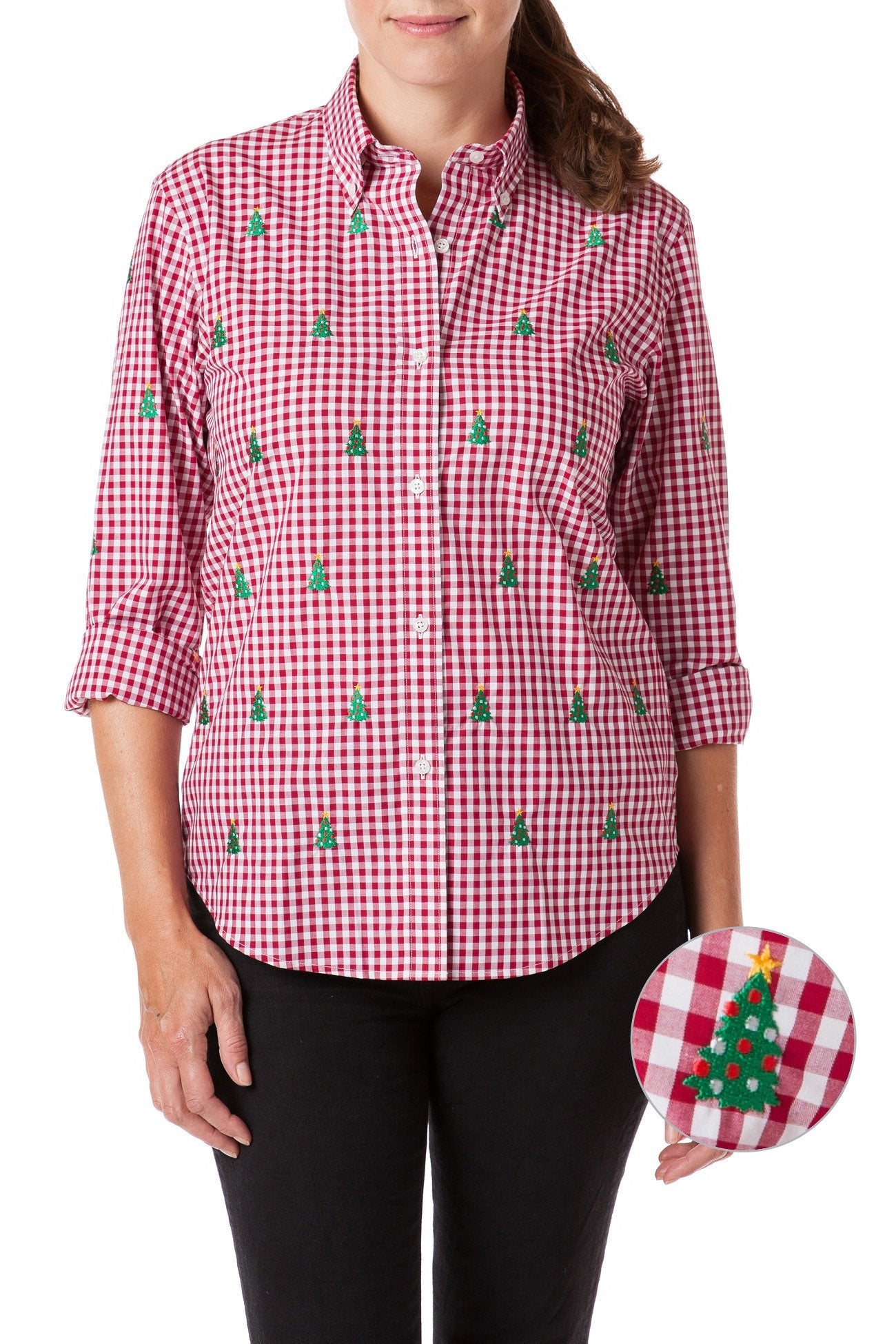 Women's Red Gingham Button Down Shirt with Christmas Tree Print - Casual Holiday Office Wear & Christmas Party Outfit
