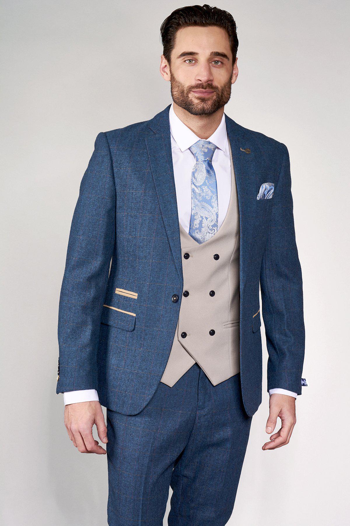 DION Blue Tweed Check Suit with Kelvin Stone Waistcoat - Stylish Men's Formal Wear for Weddings, Business Meetings & Special Occasions