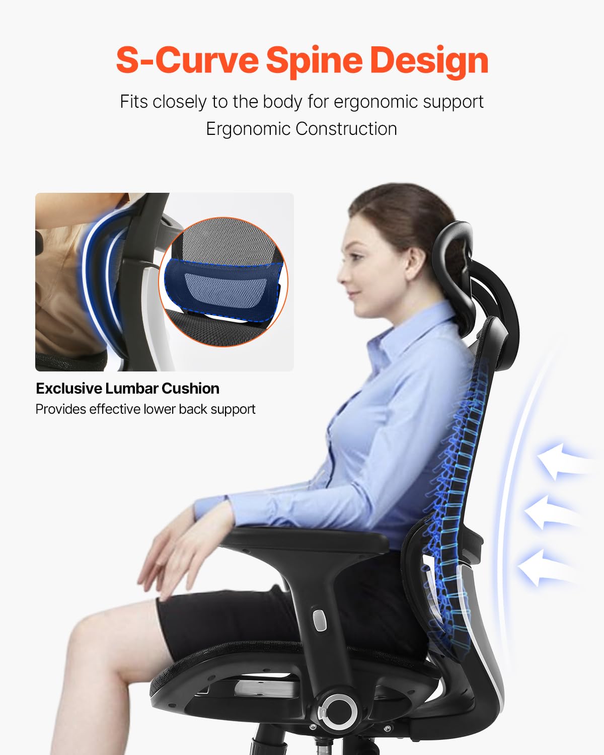 VEVOR Ergonomic Office Chair - High Back Mesh Desk Chair with Adjustable Headrest & Lumbar Support, Rolling Computer Chair for Home & Office Workspaces - Perfect for Long Hours of Comfortable Sitting