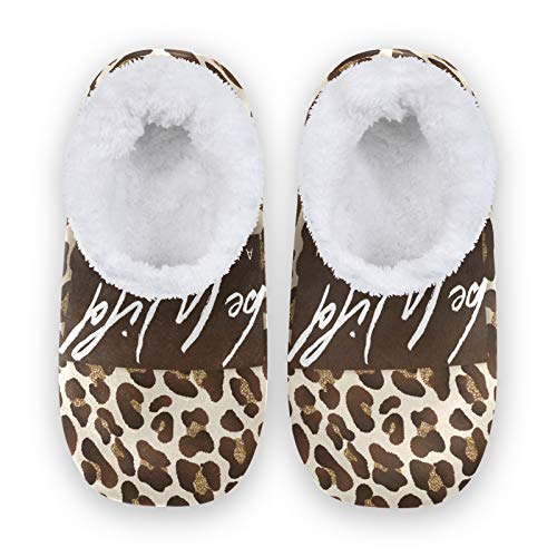 Women's Gold Leopard Print Fleece House Slippers - Cozy Indoor Shoes for Women & Men (US 5-6) - Perfect for Winter Comfort at Home, Lounging & Relaxing