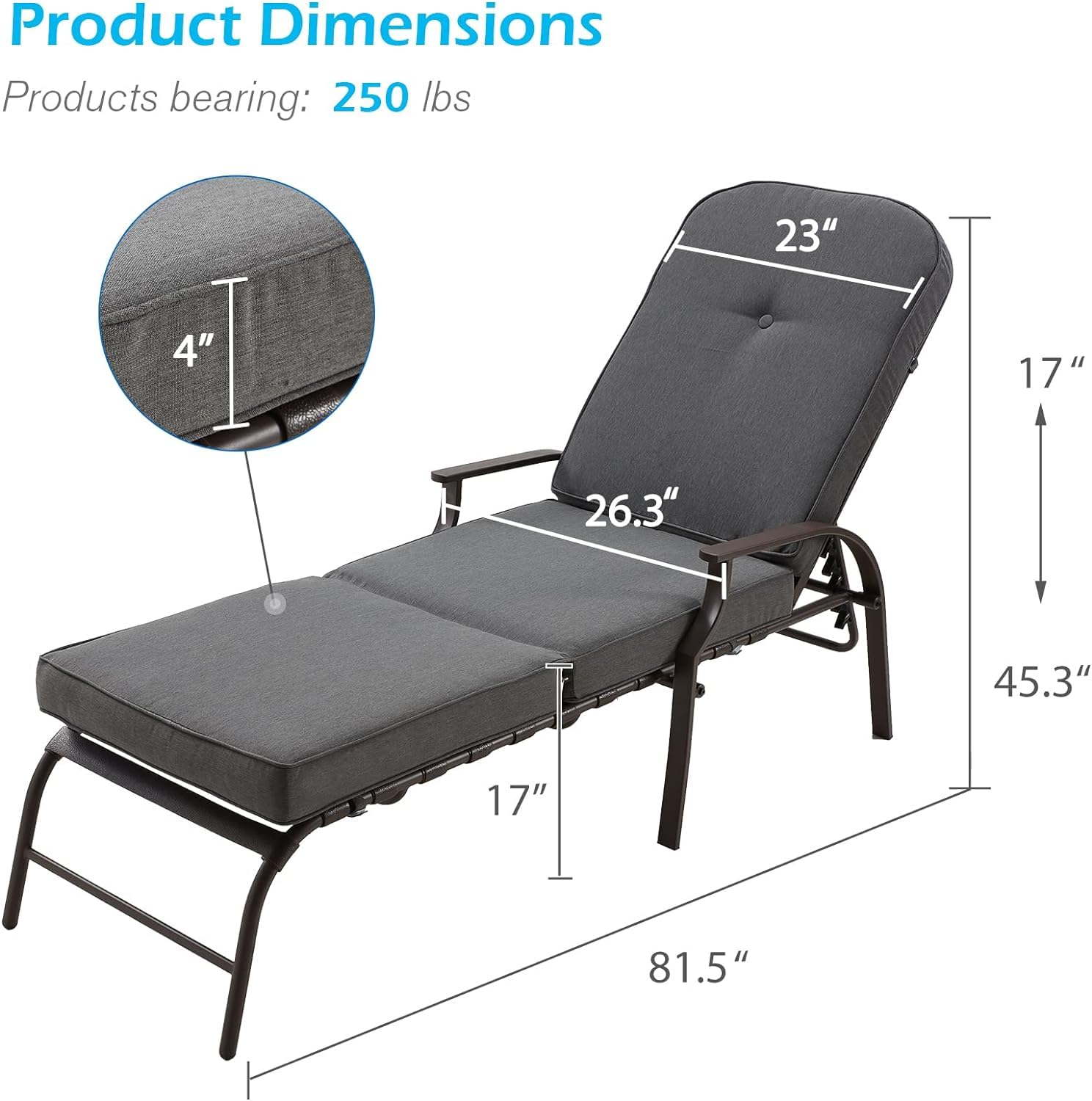 U-MAX Adjustable Outdoor Chaise Lounge Chair Set of 2 - Patio Recliner with Armrest & Cushion - Waterproof Grey Poolside Furniture for Backyard, Deck, Beach & Garden Relaxation