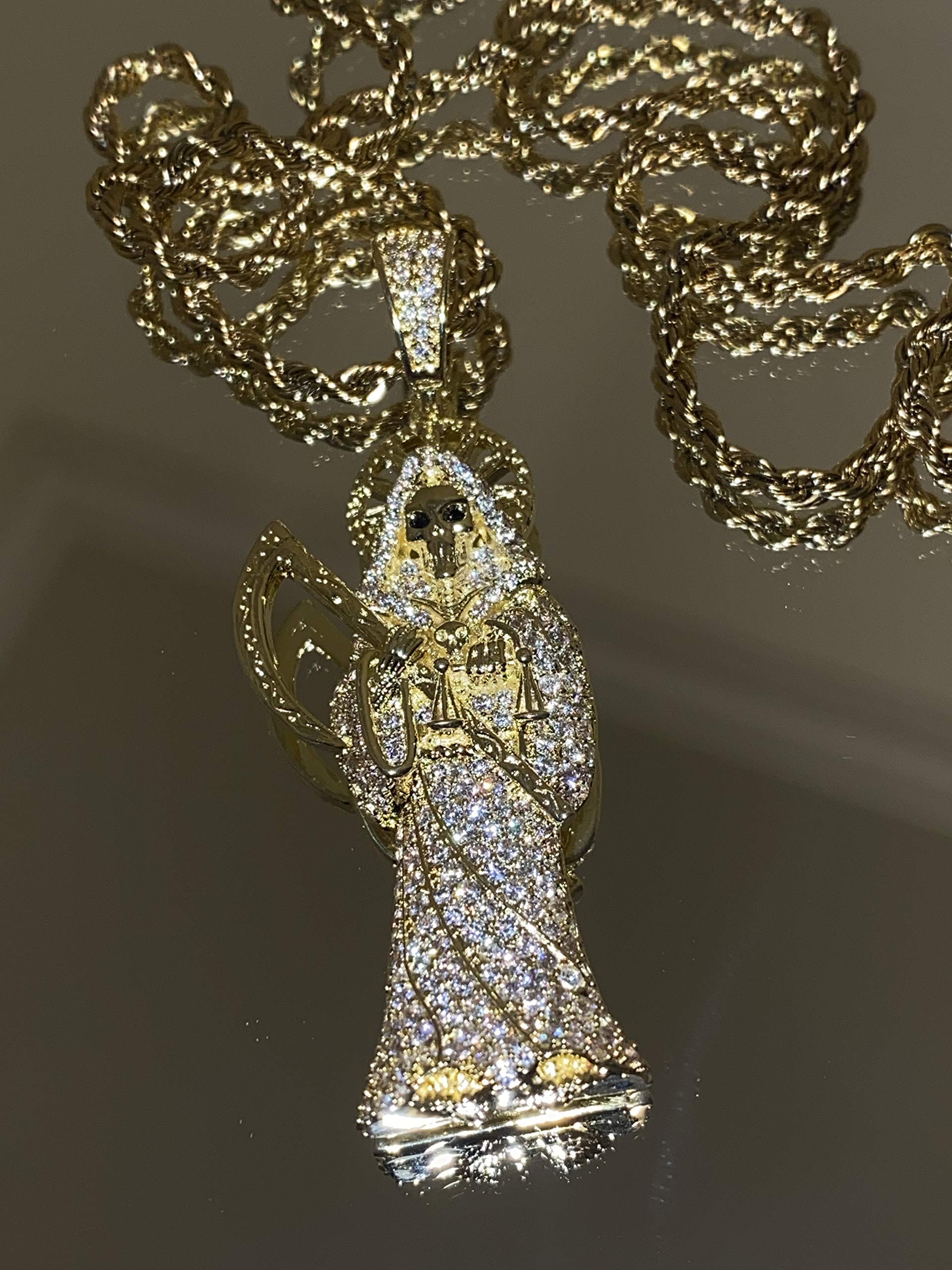 925 Sterling Silver Santa Muerte Pendant with Gold Finish & Iced Out Design - 2mm Stainless Steel Rope Chain Necklace for Men & Women - Perfect for Gifts, Everyday Wear, and Spiritual Protection Jewelry