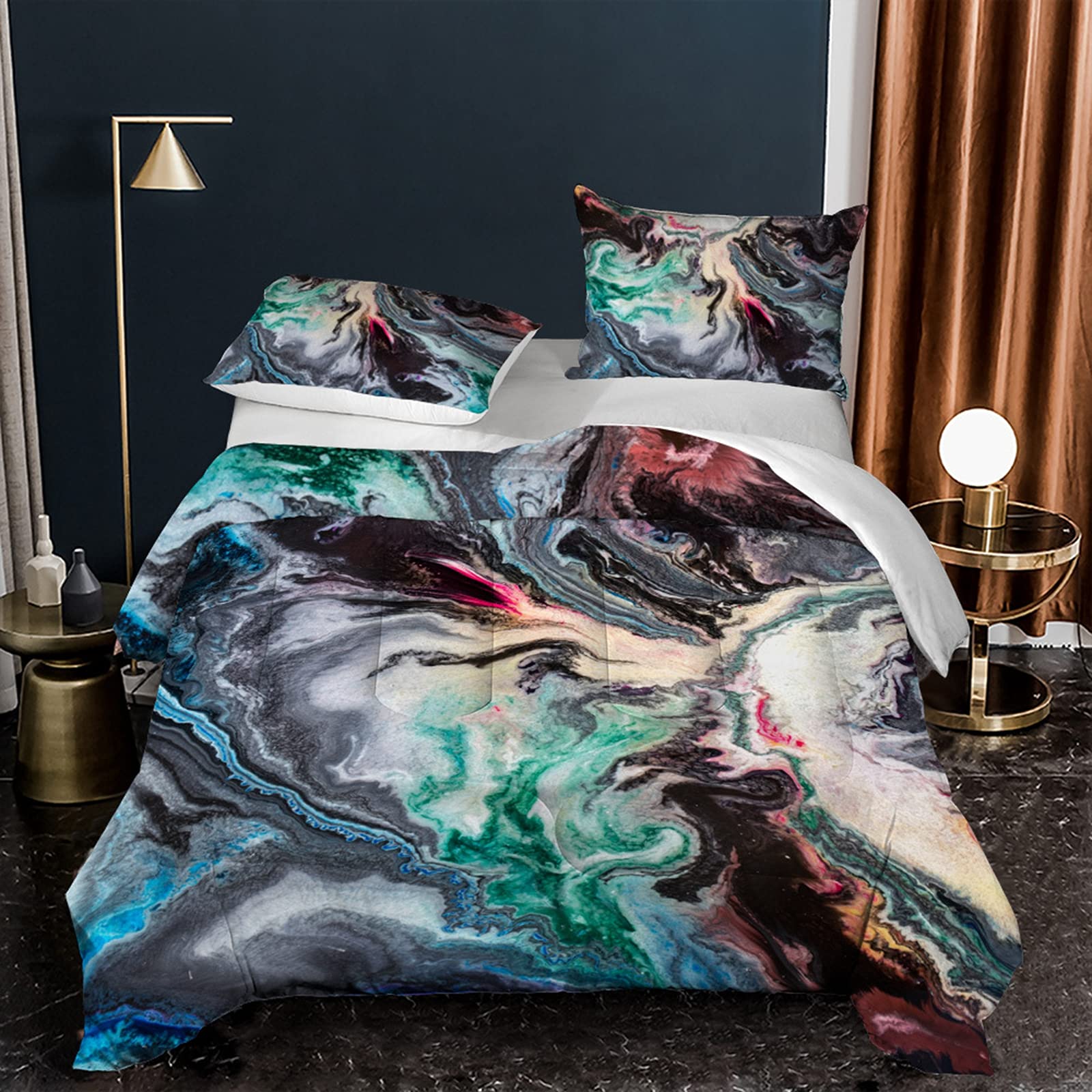 YEARGER Colorful Marble Print Comforter Set with 2 Pillow Shams - Soft Microfiber Bedding for Kids, Girls & Teens - Abstract Art Design All-Season Quilt (Twin 68x86 inches) - Perfect for Bedrooms, Dorms & Sleepovers