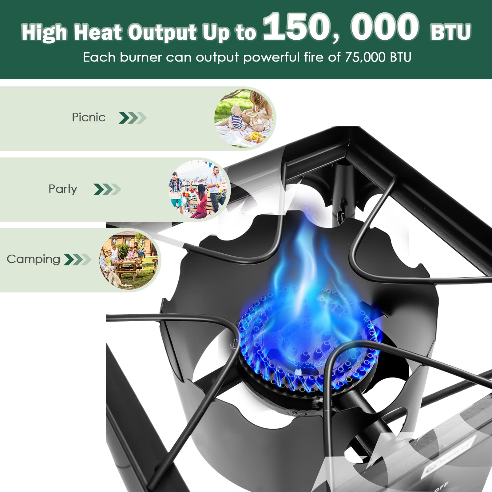 Goplus Dual Burner Propane Camping Stove - 150,000 BTU Outdoor Gas Cooker with Detachable Legs & 0-20 PSI Regulator - CSA Approved for Camping, Patio, RV & Backyard BBQs - Heavy Duty Cast Iron Construction
