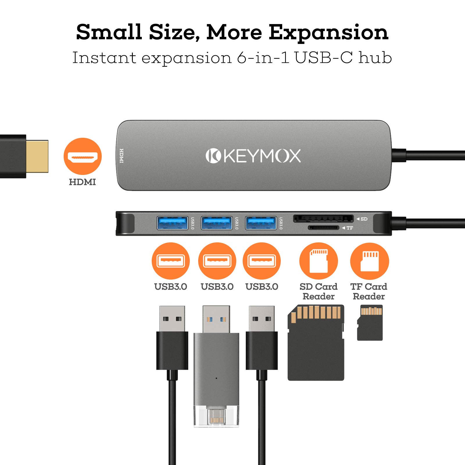 KEYMOX 7-in-1 USB C Hub with 4K HDMI, 3 USB 3.0 Ports, SD/TF Card Reader - USB C Adapter for MacBook Pro/Air, Chromebook, Dell XPS, Surface Pro - Perfect for Home Office, Travel & Multi-Screen Workstations (AZDS283)