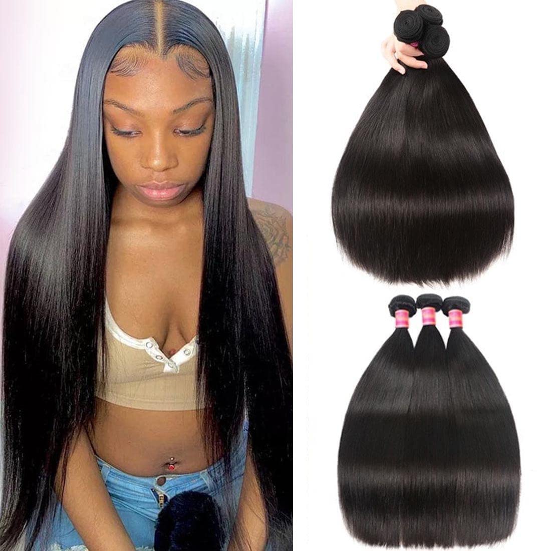 Beauty Forever Brazilian Virgin Straight Hair Weaves - 100% Unprocessed Human Hair Extensions (3 Bundles, 12/14/16 Inch) - Natural Color, Can Be Dyed & Bleached - Perfect for Salon Styling, Daily Wear & Special Occasions