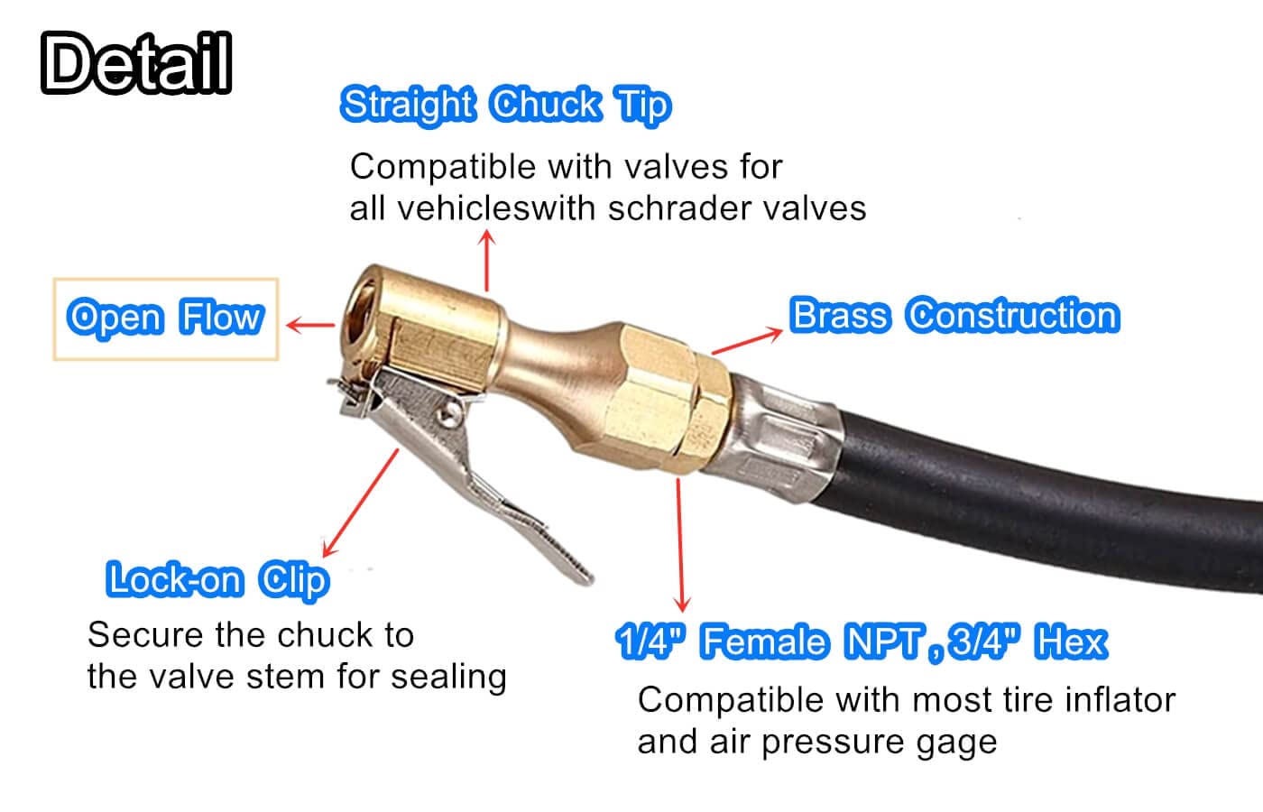 Heavy Duty Brass Air Chuck with Clip Adapter - 1/4