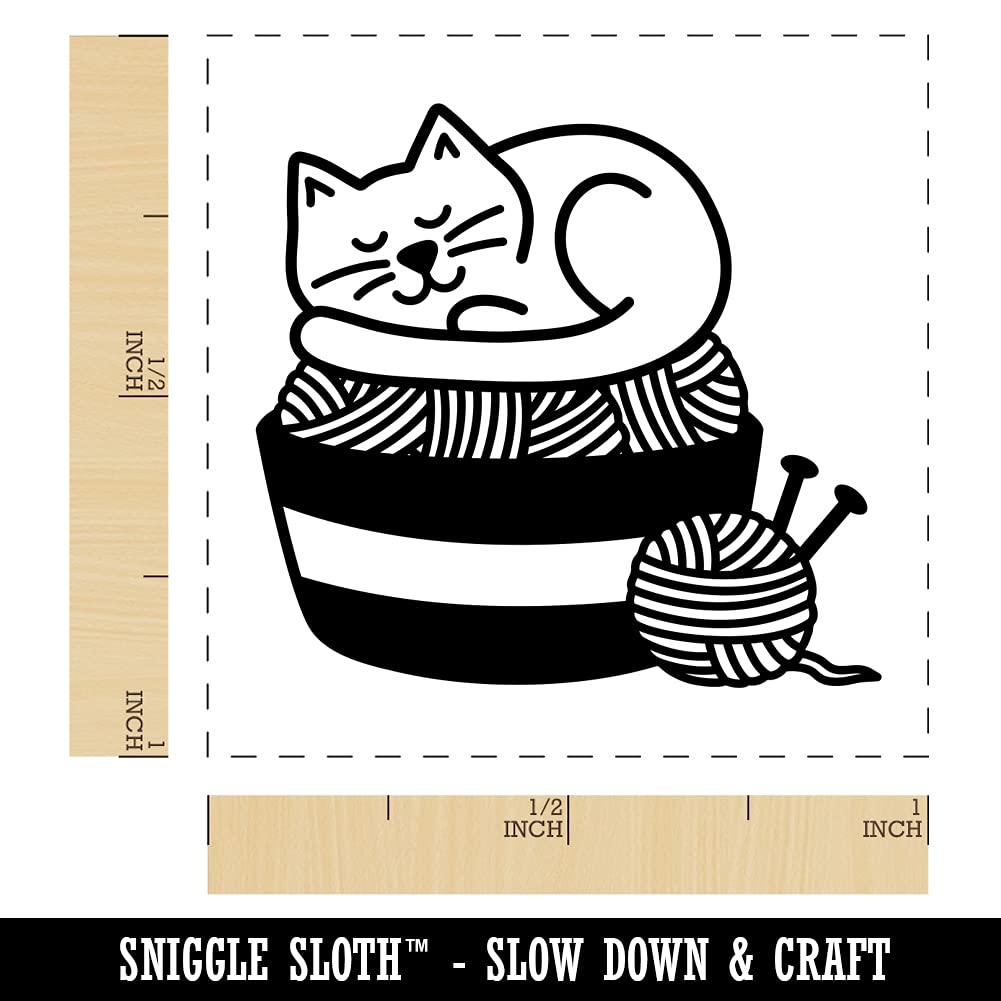 Cat Sleeping on Yarn Basket Self-Inking Rubber Stamp - 1 Inch Small Craft Stamp with Black Ink - Perfect for Scrapbooking, Card Making & DIY Projects