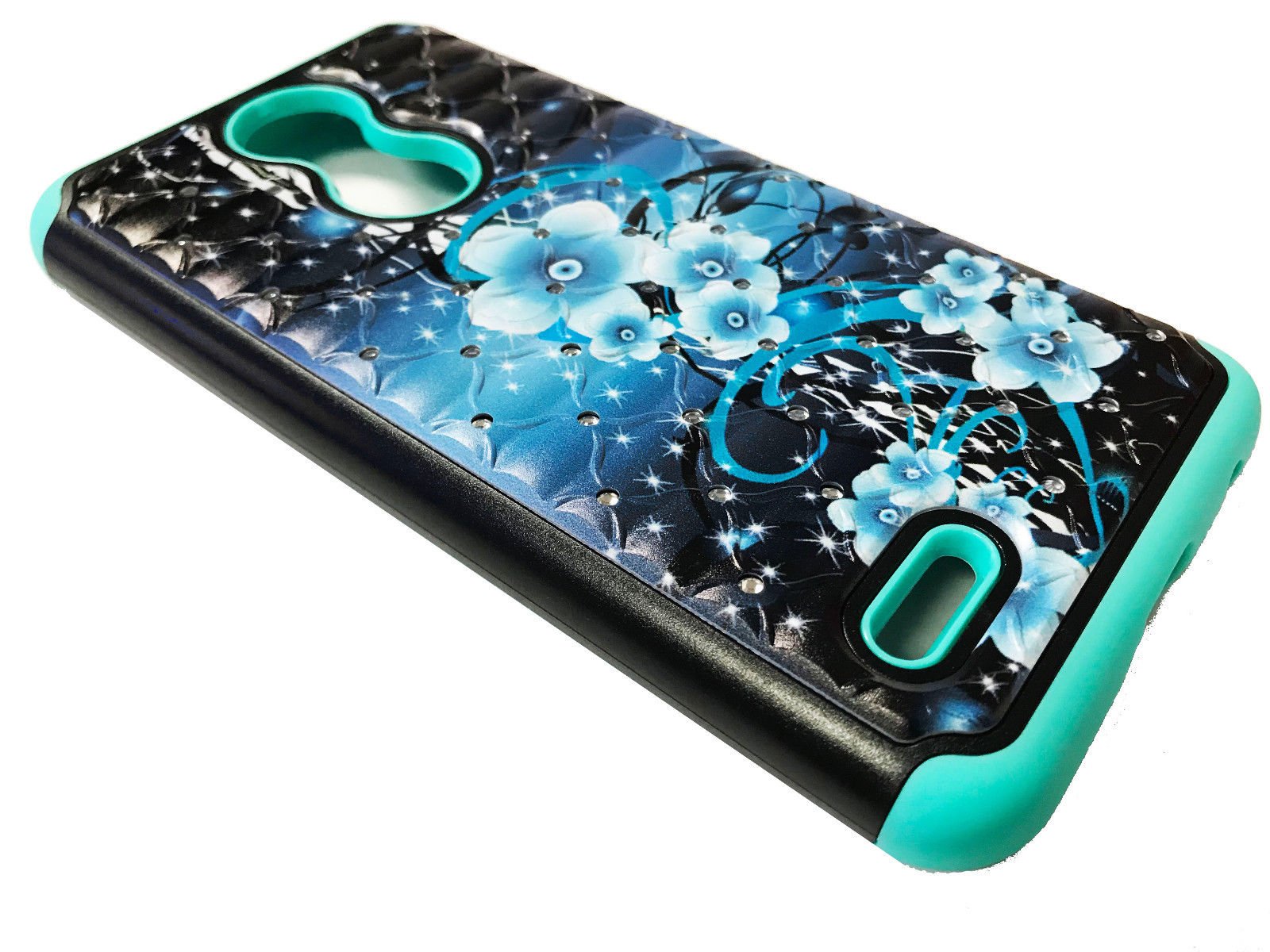 Premium Tempered Glass Screen Protector & Sparkle Bling Hybrid Protective Case for LG Xpression Plus X410ASR - Shatterproof, Scratch-Resistant, Dual Layer Protection with Bonus Gift Stand (Aqua Flower Design) - Perfect for Everyday Use, Travel, and Office Protection