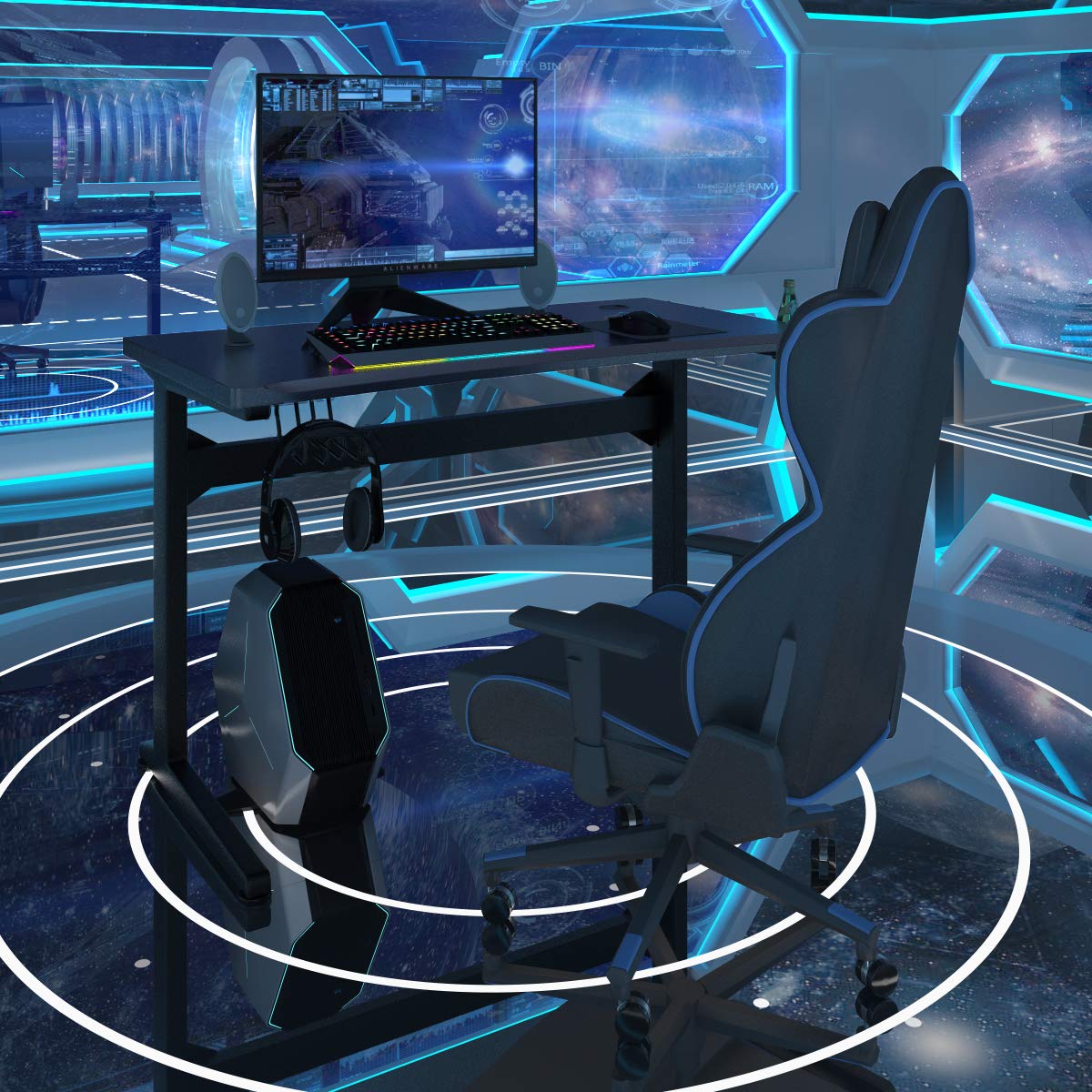 Tangkula Gaming Desk - Ergonomic Computer Desk for Gamers with Cup Holder, Headphone Stand & Mouse Pad, Carbon Fiber Surface & T-Shape Steel Frame - Perfect for Esports, Streaming & Home Office (Black)