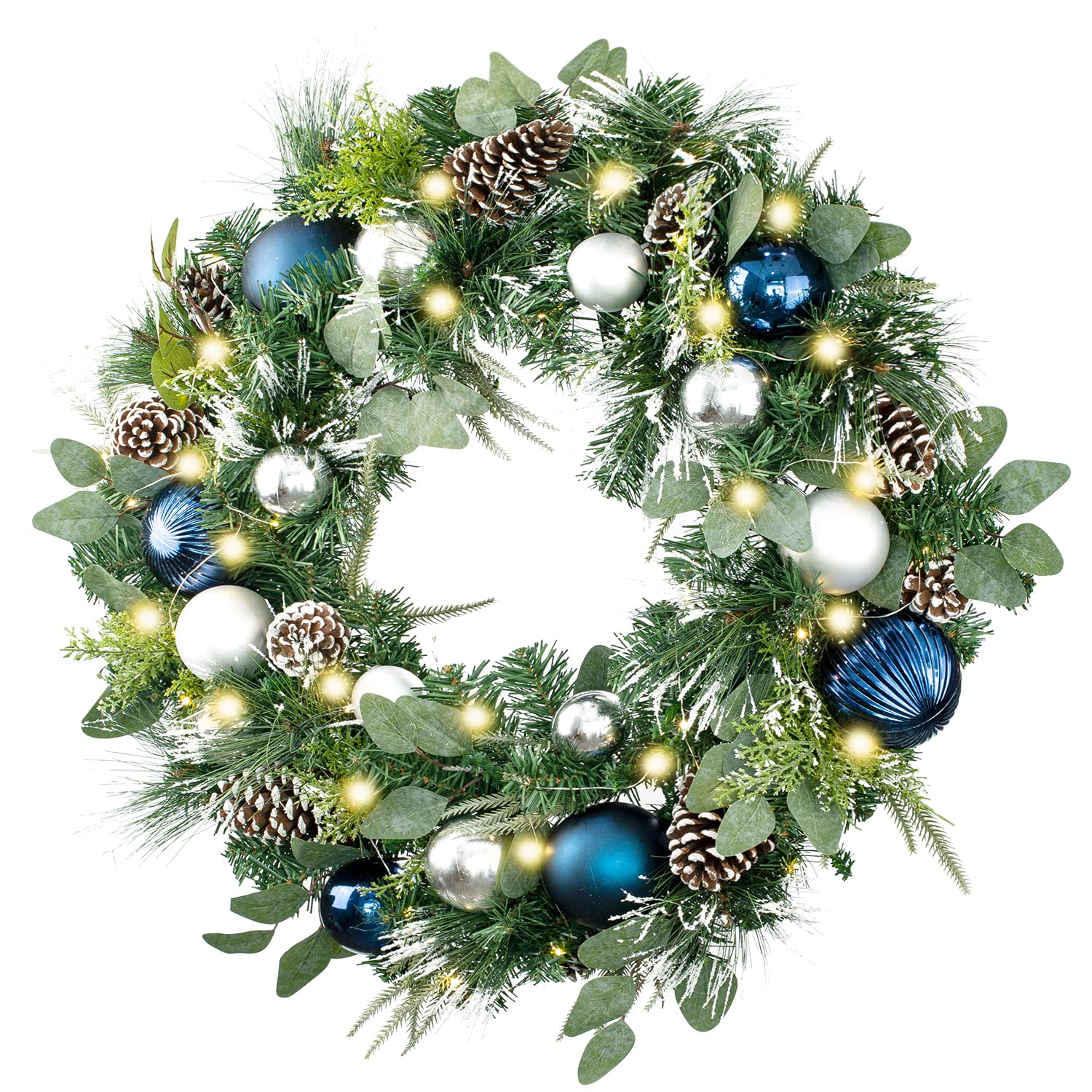WANNA-CUL 30-Inch Pre-Lit Christmas Wreath with 50 LED Lights - Silver Blue Battery Operated Door Wreath Decor with Ball Ornaments & Pine Cones - Perfect for Front Door, Fireplace, and Holiday Home Decor