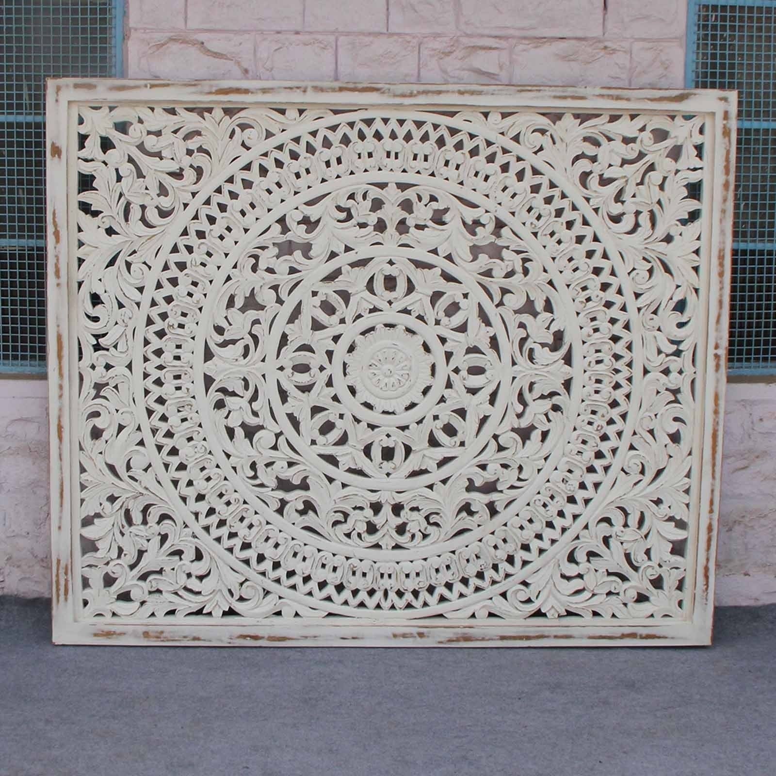 Handcrafted Dynasty Carved Panel Bed Headboard - Distressed Whitewash Finish for Farmhouse & Rustic Bedroom Decor | Perfect for Master Bedroom, Guest Room & Cozy Retreat