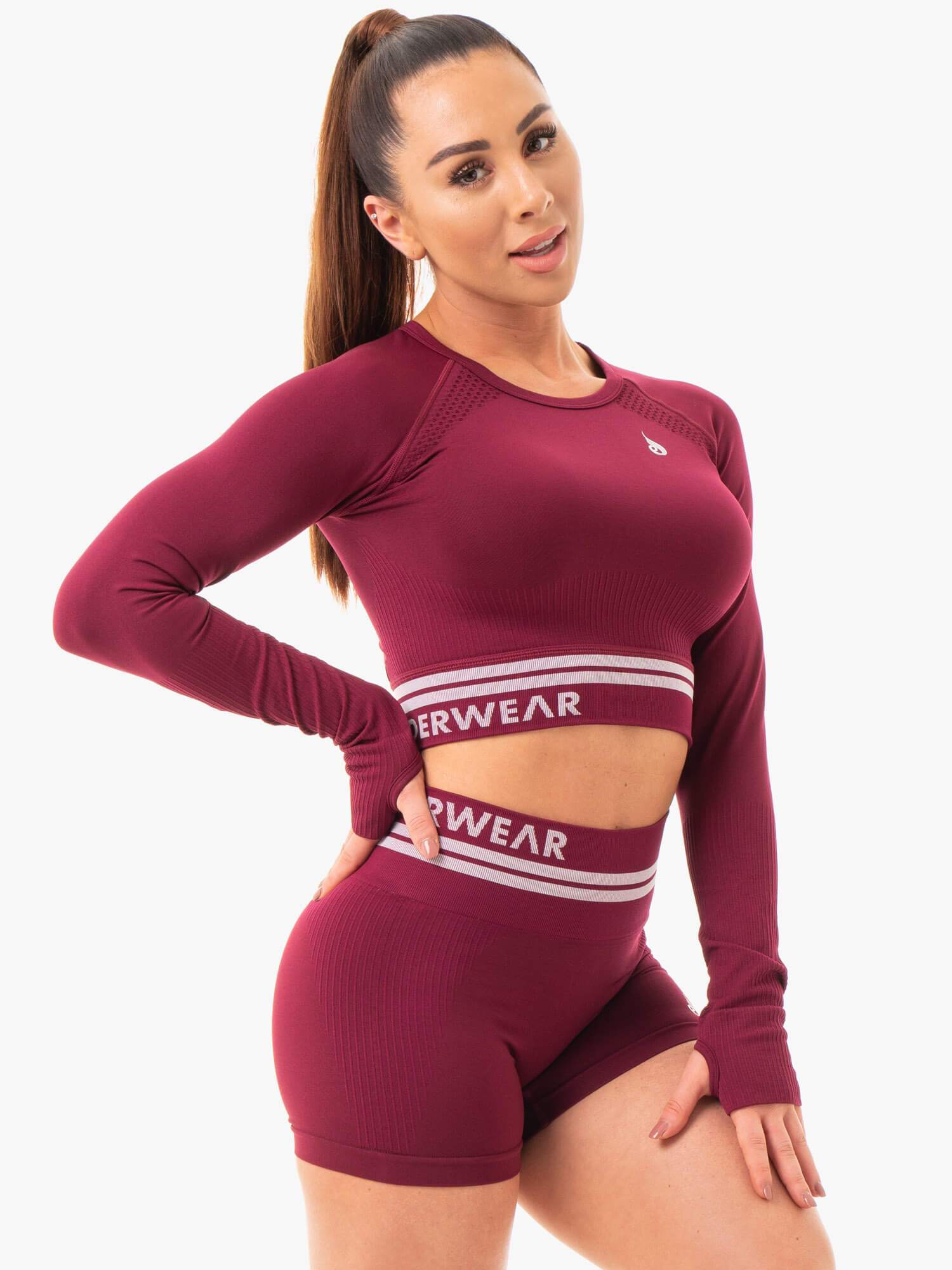 Freestyle Seamless Long Sleeve Crop Top - Burgundy Red for Women | Yoga, Workout & Casual Wear
