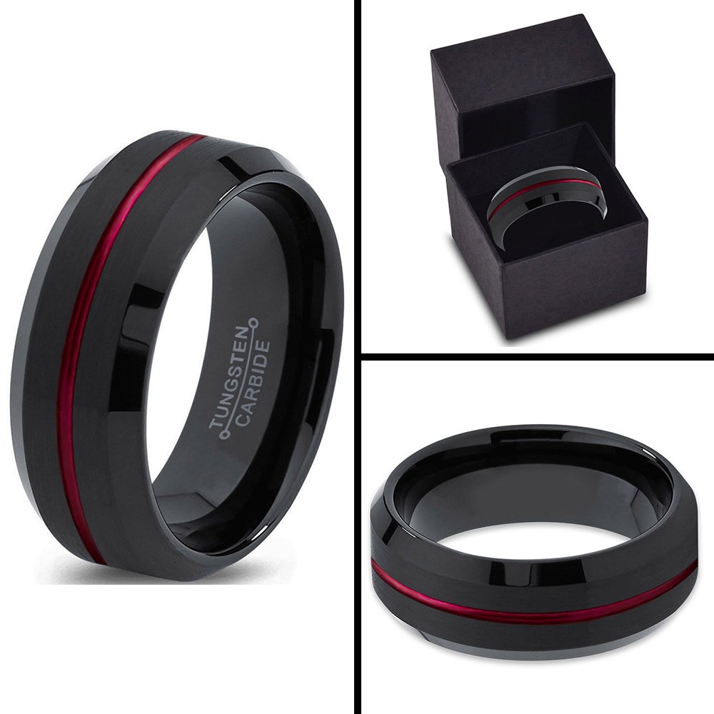 8mm Tungsten Carbide Wedding Band Ring for Men & Women - Blue Black Center Line, Bevel Edge, Brushed/Polished Finish - Custom Engraved Anniversary & Engagement Ring - Perfect for Weddings, Proposals & Special Occasions