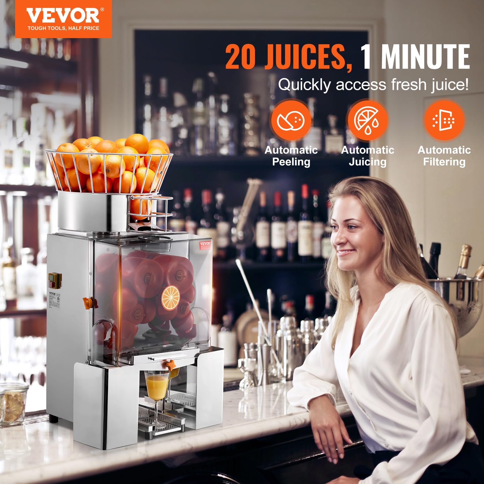 VEVOR Commercial Orange Juicer Machine - 120W Automatic Feeding Juice Extractor with Stainless Steel Construction, Pull-Out Filter Box & 2 Peel Buckets - High Capacity 25 Oranges/Min for Restaurants, Juice Bars & Catering Services