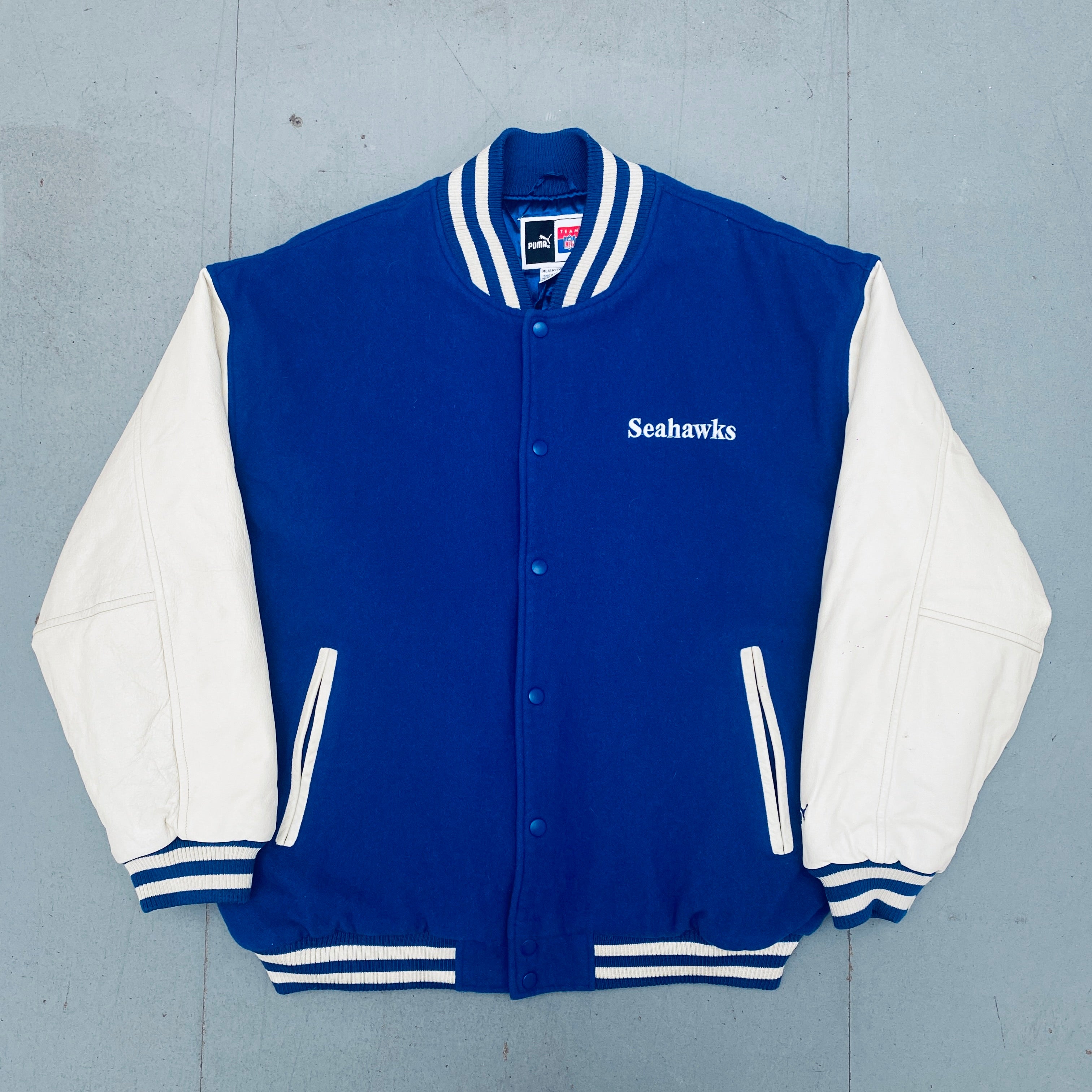 Seattle Seahawks 1990s Vintage Puma Leather Sleeve Wool Varsity Jacket XL - Retro Football Fan Gear for Game Day & Casual Wear