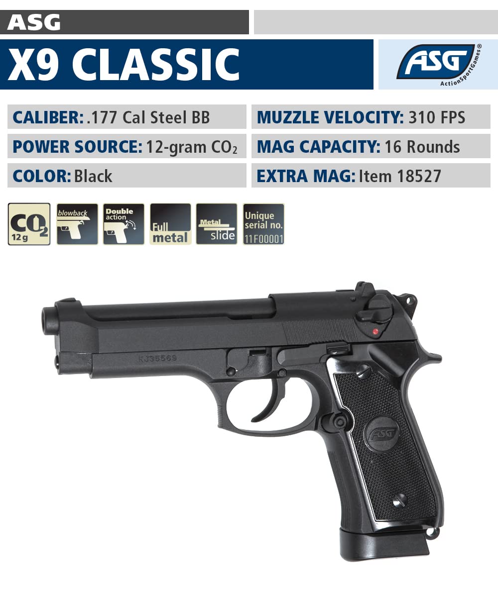ASG X9 Classic .177 Caliber Steel BB Gun Air Pistol - High Precision Airgun for Target Shooting, Plinking & Outdoor Training | Realistic CO2 Powered Pistol for Beginners & Enthusiasts