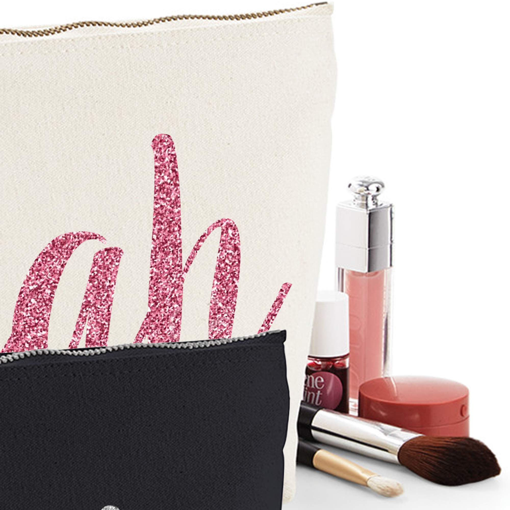 Customized Glitter Makeup Bag with Name - Personalized Pink Gold & Silver Glitter Cosmetic Pouch (Medium, Black-Pink) - Perfect Gift for Birthdays, Bridesmaids & Travel Organizers