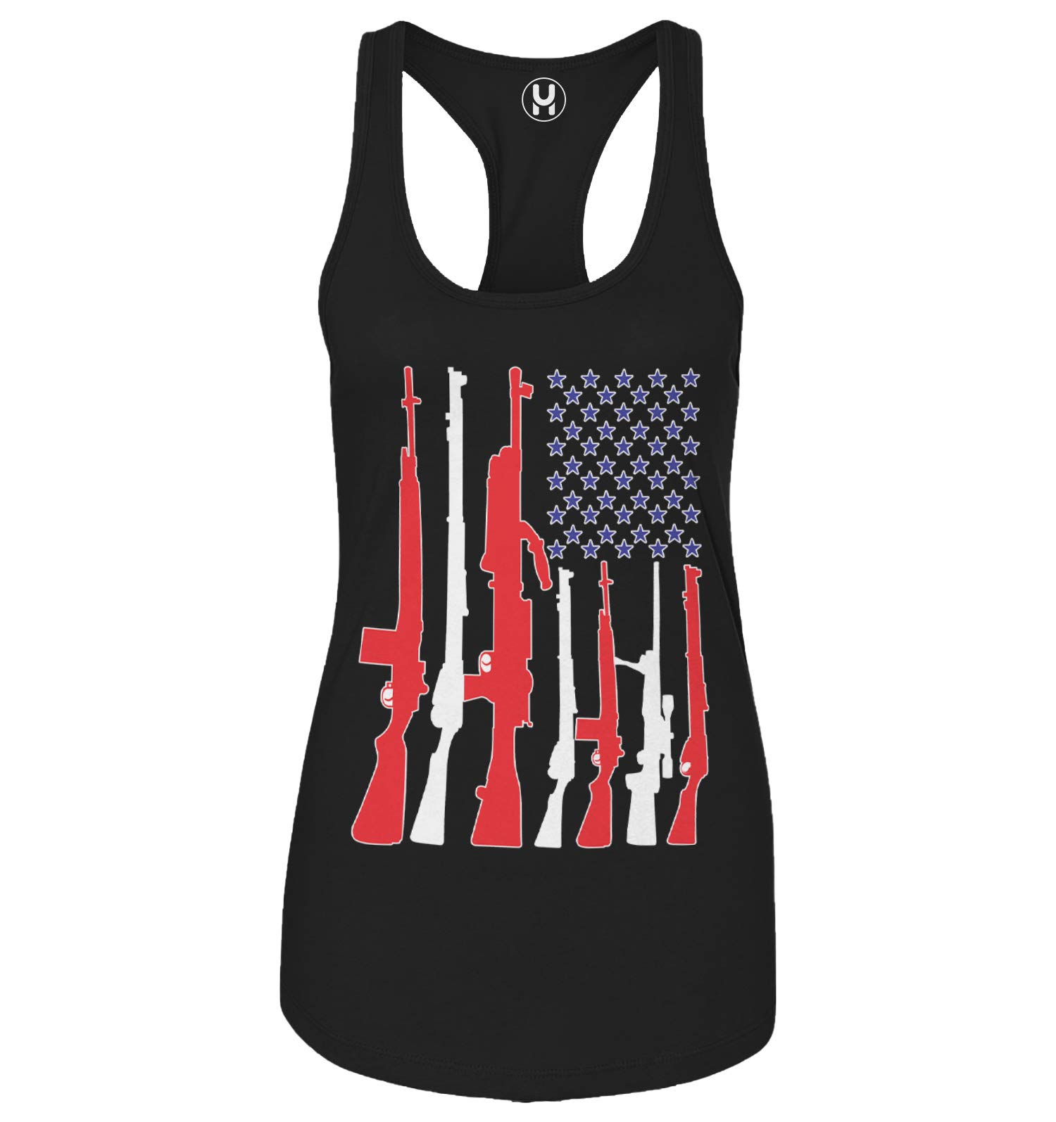 Haase Unlimited Machine Gun American Flag Women's Tank Top - Patriotic Red White & Blue Sleeveless Shirt for 4th of July, BBQ & Summer Outfits