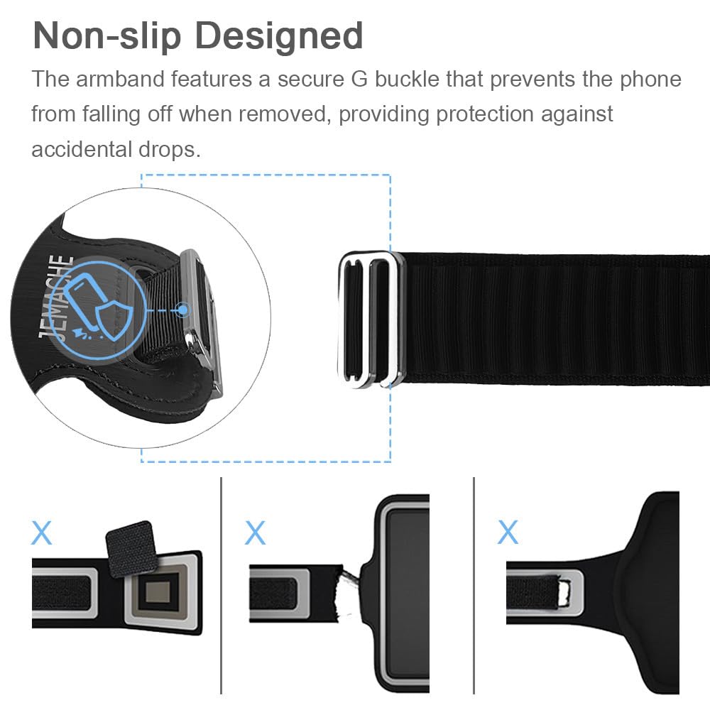 JEMACHE Premium Running Armband for iPhone 16/15/14/13/12/11 Pro Max & Samsung Galaxy S25/S24/S23/S22 Ultra/Plus - Sweatproof Phone Holder with Earphone Loop & Adjustable Strap (Black, Large) - Perfect for Jogging, Gym Workouts & Outdoor Activities