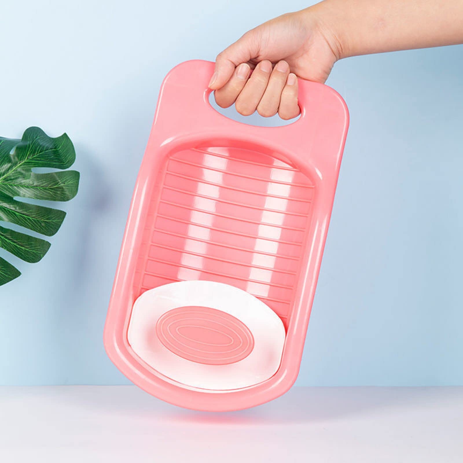 Mini Hand Washboard for Laundry - Portable Plastic Non-Slip Washing Board for Clothes, Underwear & Socks - Ideal for Home, Travel, Camping & Emergency Use (Pink)