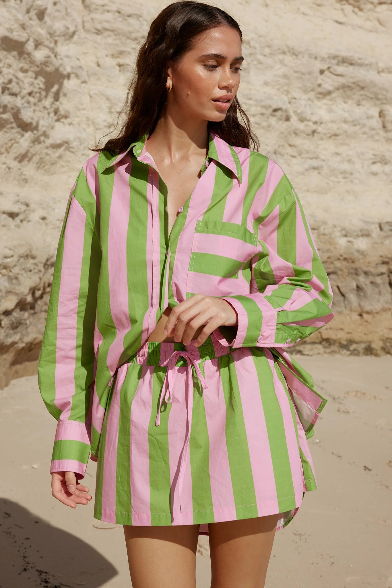 Buddy Shirt in Seagrass/Salmon Stripe - Comfortable Casual Wear for Men & Women - Perfect for Beach Outings, Summer Parties and Everyday Style