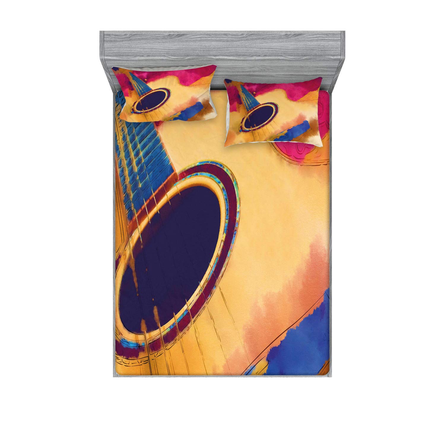 Ambesonne 3-Piece Guitar Themed Bedding Set - Abstract Strings Watercolor Print Fitted Sheet & Pillow Shams, Vintage Inspired Decor for Queen Size Beds (Violet Blue Magenta) | Perfect for Musicians' Bedrooms, Music Lover Gifts & Bohemian Style Home Decor