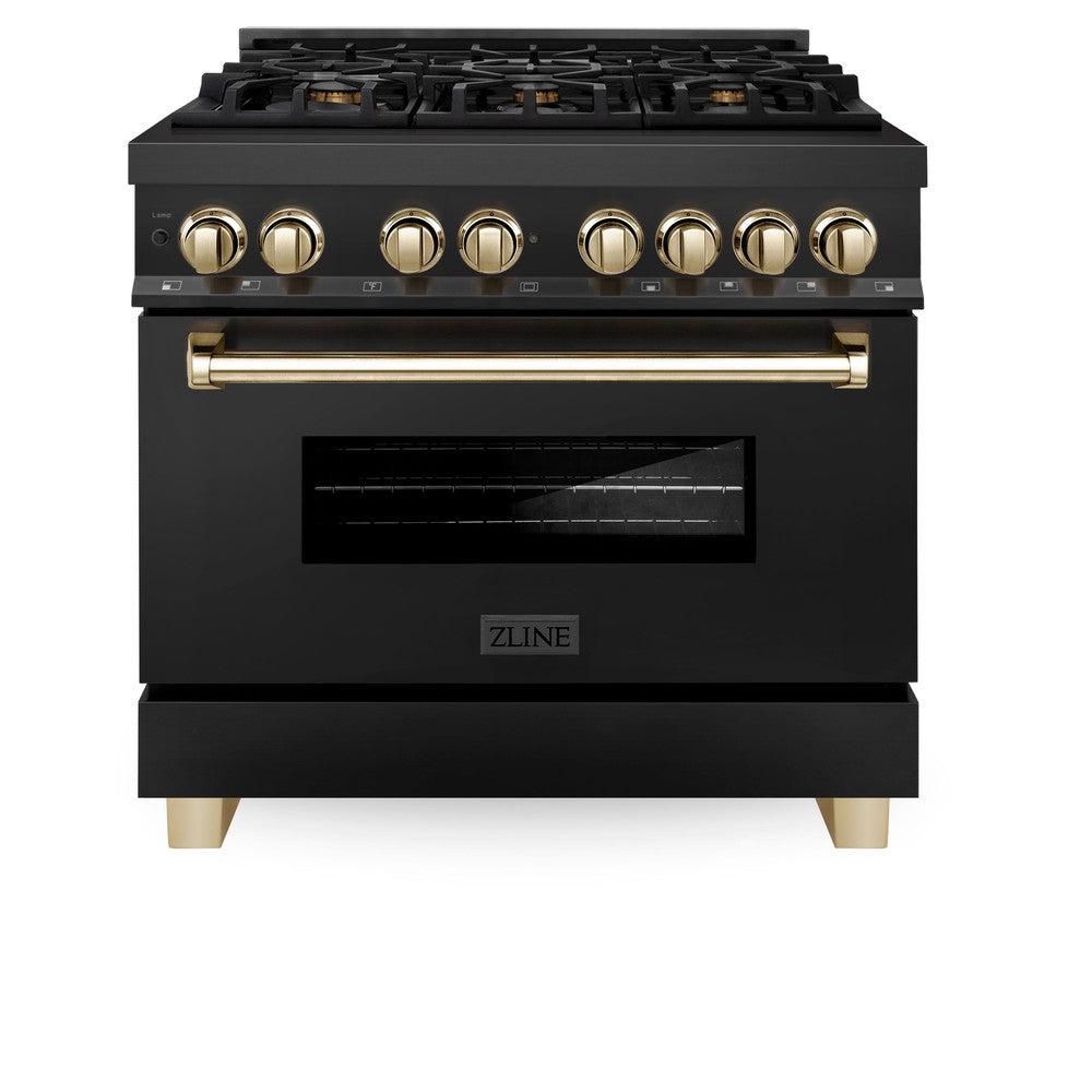 ZLINE RABZ 36 G 36-Inch Dual Fuel Range - 4.6 cu. ft. Black Stainless Steel with Gold Accents - 6 Burner Gas Cooktop & Electric Convection Oven - Professional Kitchen Appliance for Home Chefs & Cooking Enthusiasts