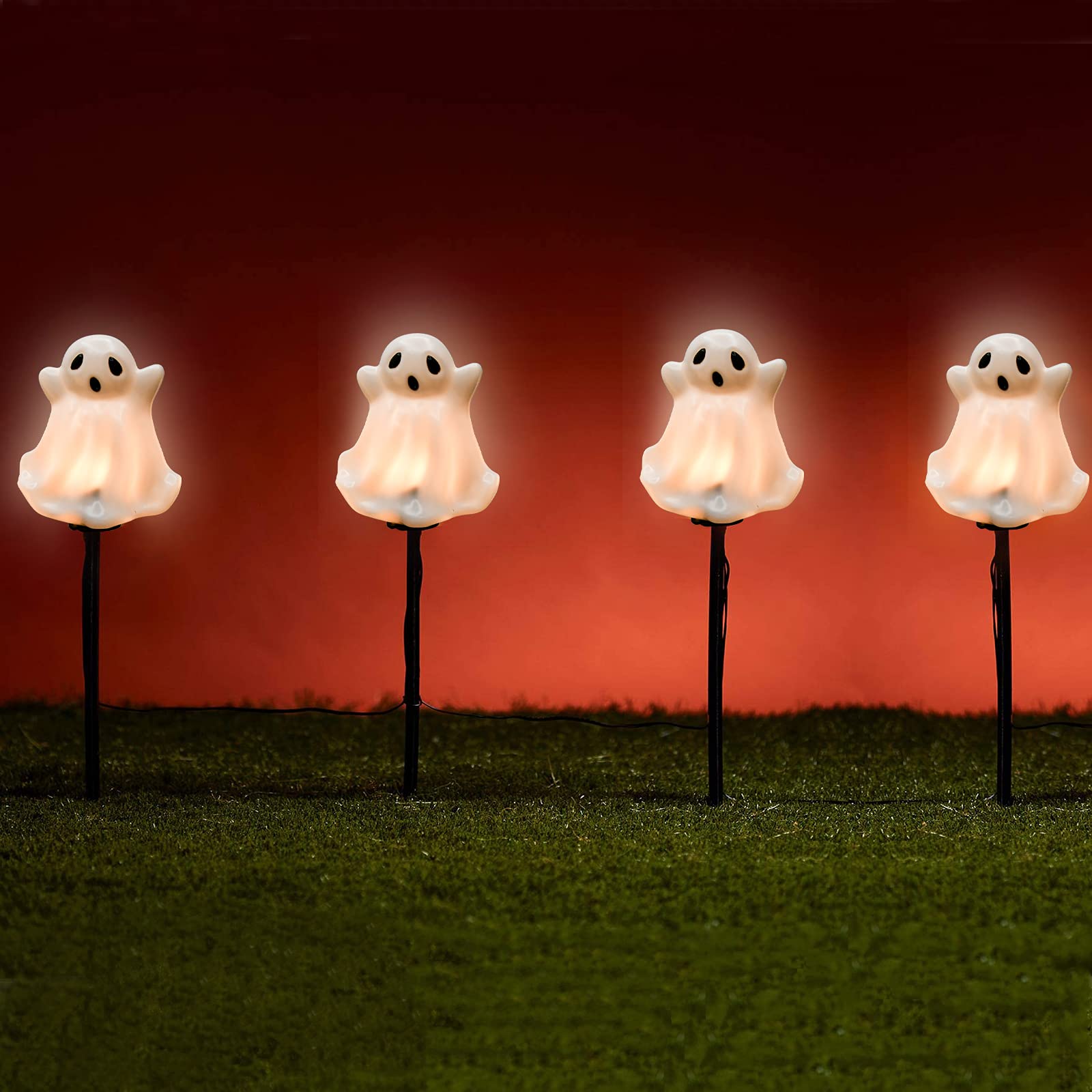 Ghost Pathway Lights Outdoor - Set of 4 Connectable Halloween Stake Lights with C7 LED Bulbs for Yard, Walkway & Garden Decor | Spooky Party & Pathway Lighting for Halloween Decorations
