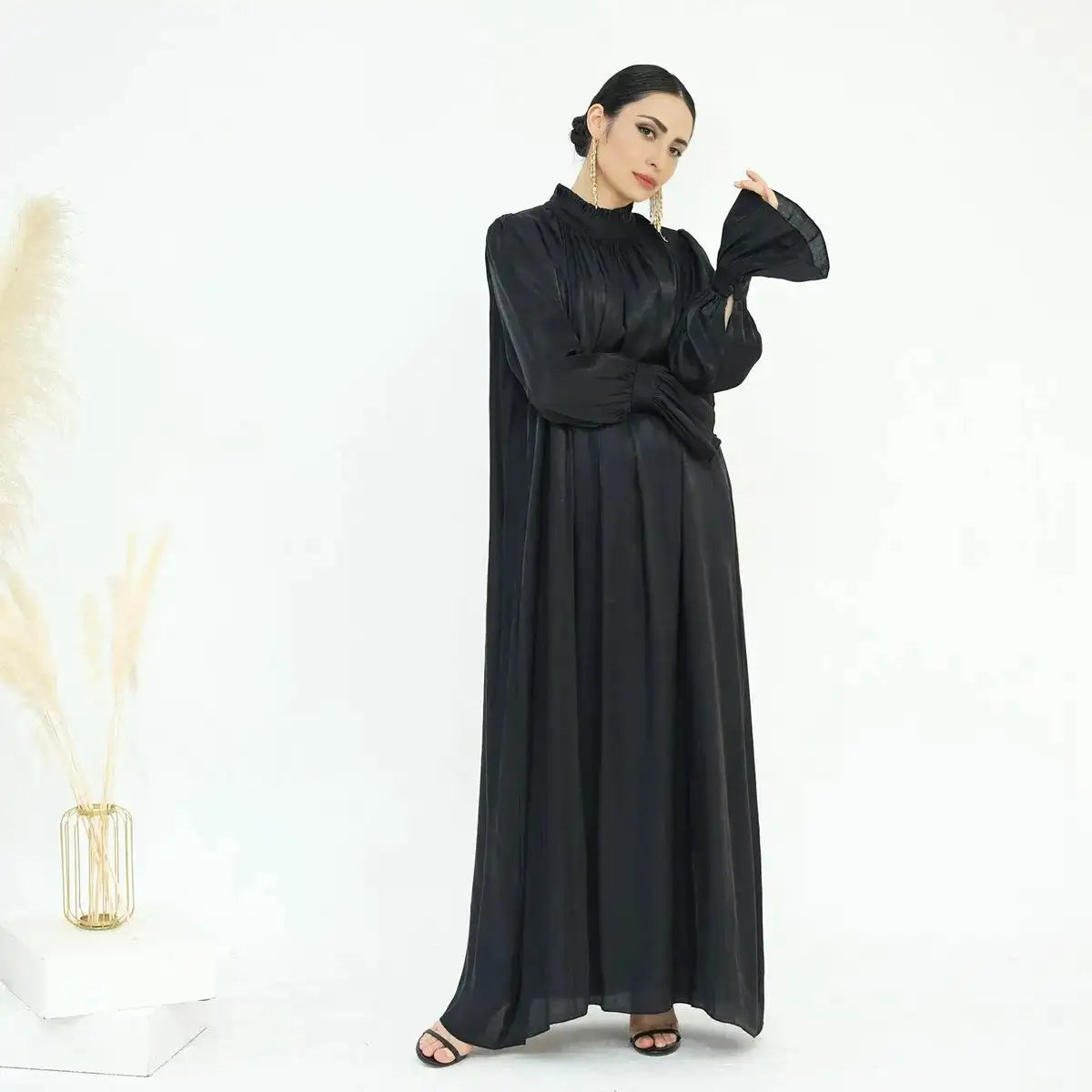 Bell Sleeve Gleam Shiny Abaya Dress for Women - Elegant Muslim Prayer Dress for Eid, Wedding & Special Occasions