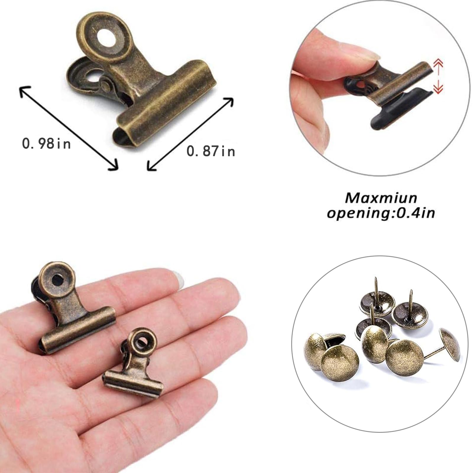 32 Pack 1 Inch Bronze Metal Clips with Push Pins - Bulldog Clips for Hanging Pictures, Small Hinge Clips for Photos & Crafts, Mini Binder Clips for Office, School & Home Organization - Perfect for Corkboards, Bulletin Boards, Scrapbooking & Wall Decor