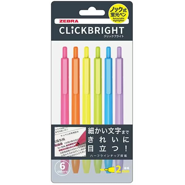 CLICKBRIGHT Knock Type Highlighters 6 Color Set - Vibrant Pastel Markers for Notes, Study & Office Use - Zebra Style Chisel Tip for Smooth Highlighting - Perfect for Students, Teachers & Professionals
