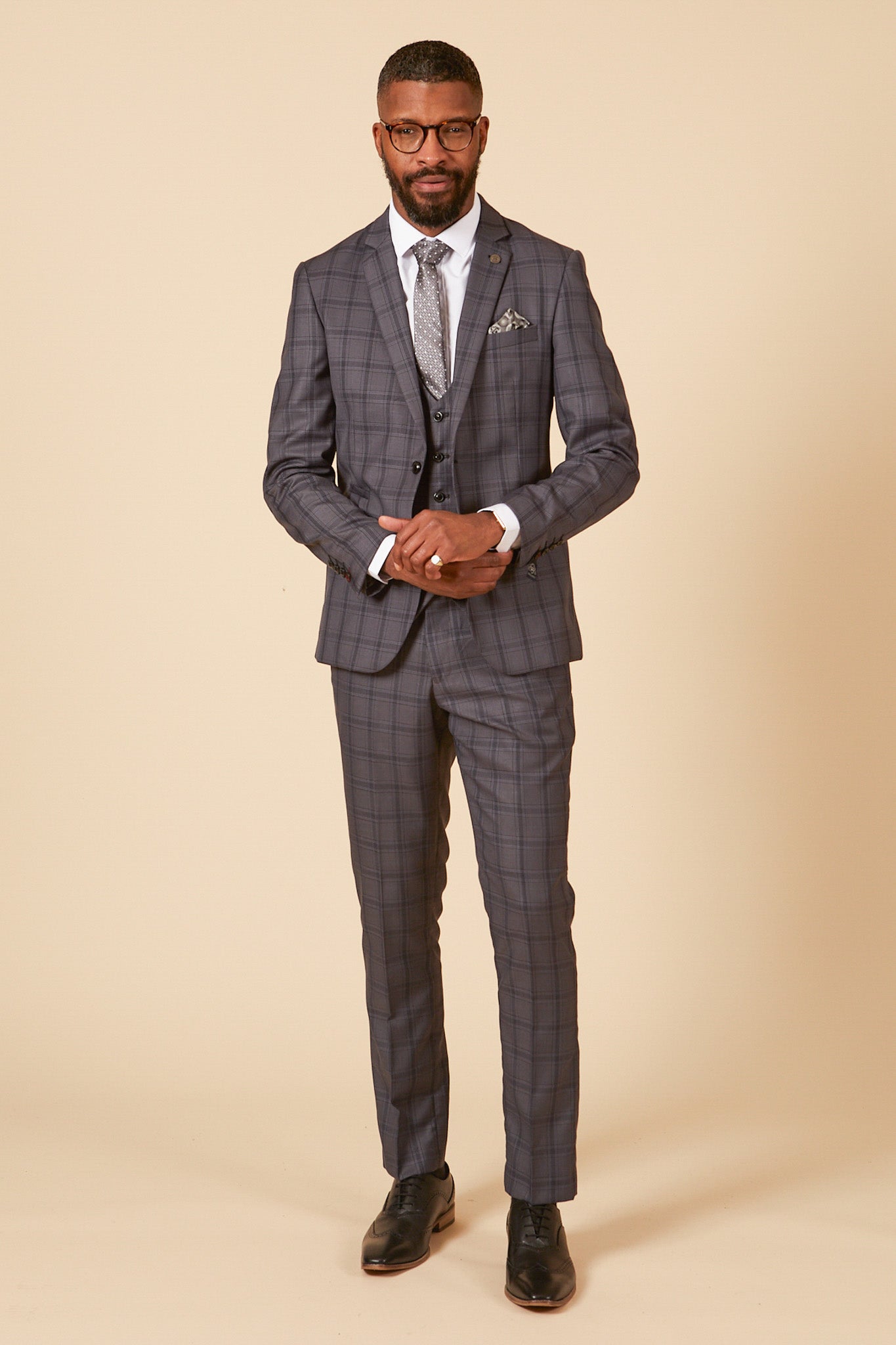 JOSE Grey Check Three Piece Suit for Men | Classic Business Formal Attire | Perfect for Weddings, Office Meetings & Special Events